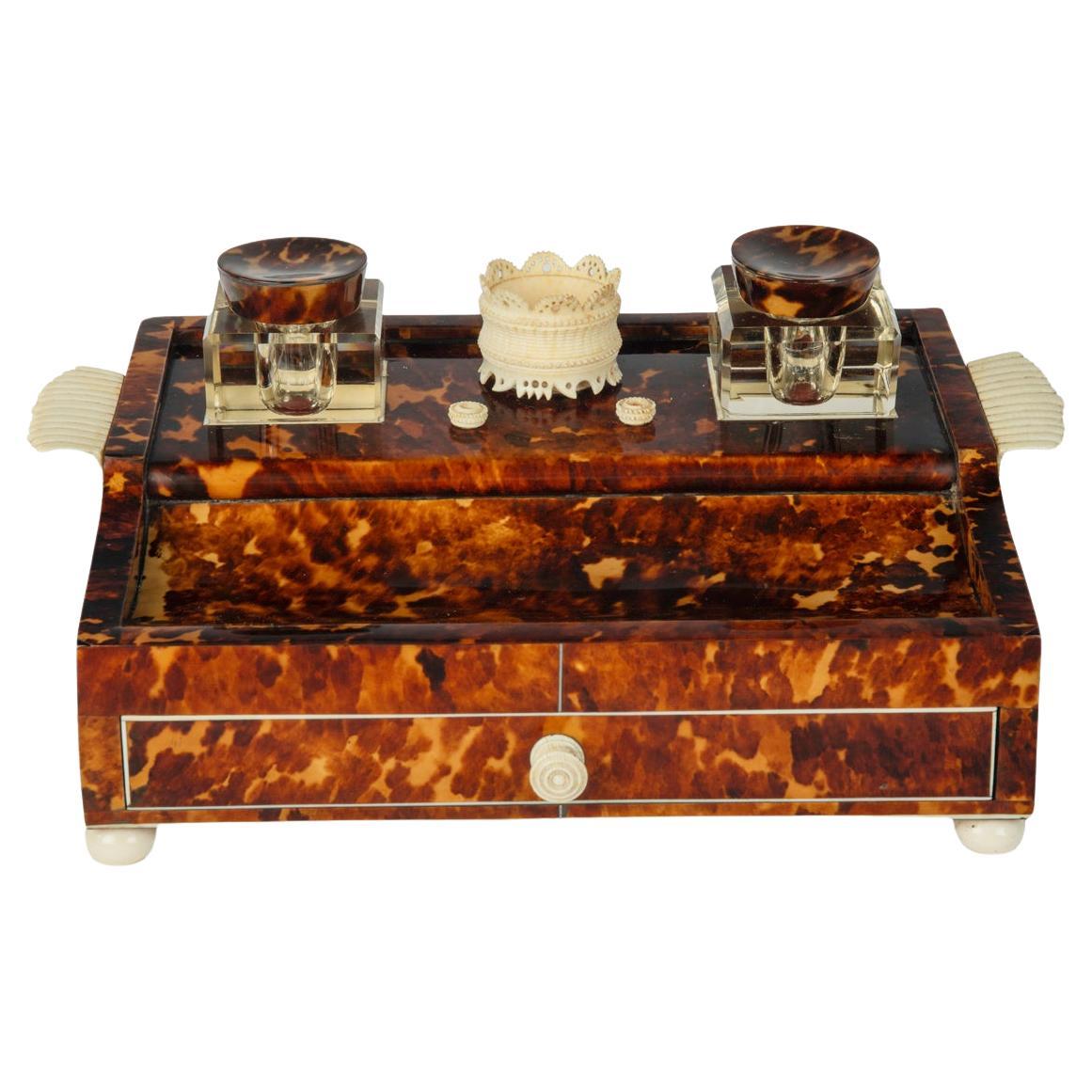 A Regency tortoiseshell and ivory desk set For Sale