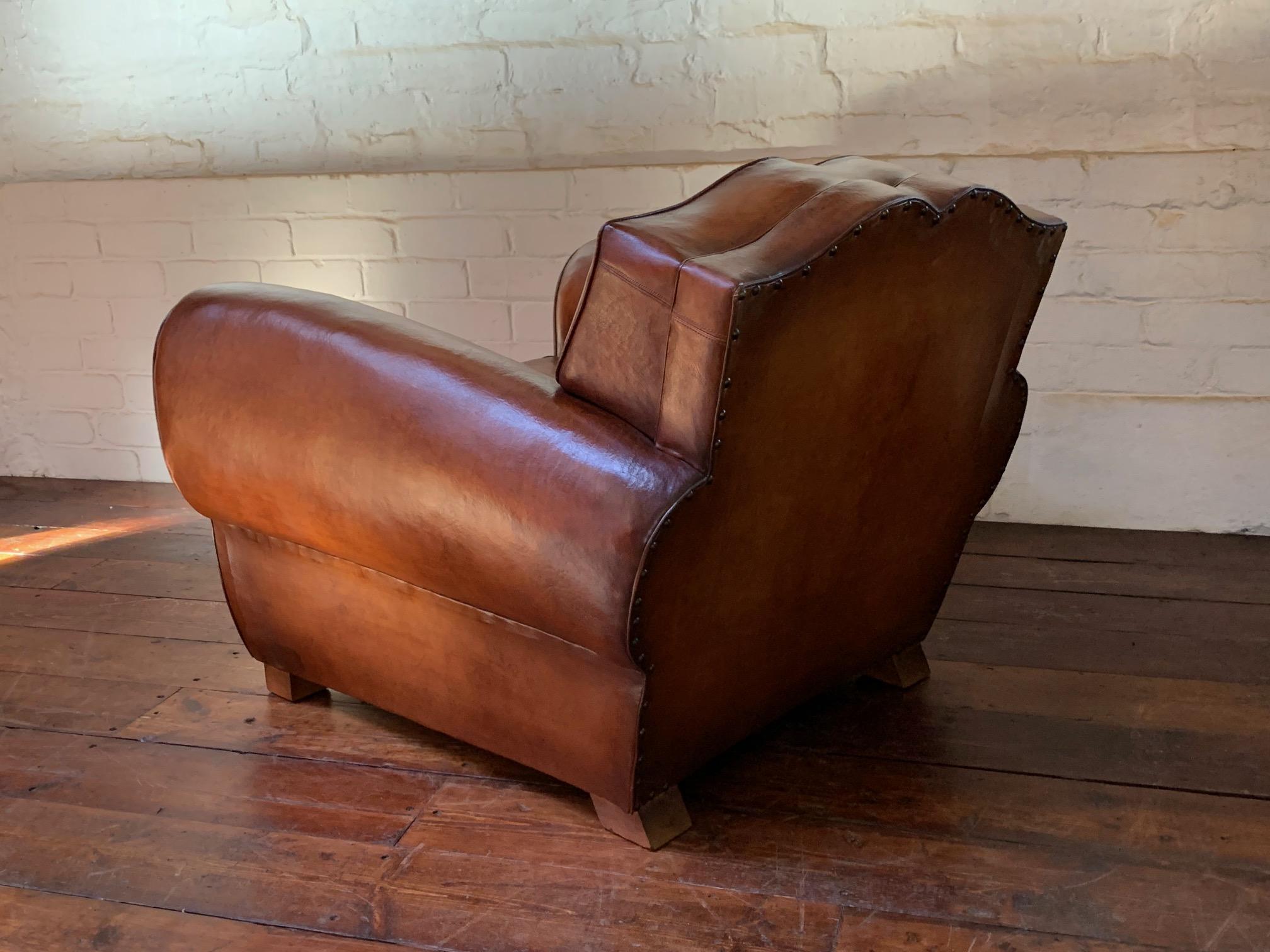 A Remarkable French Leather Club Chair, Moustache Back in Light Havana c1930's 5