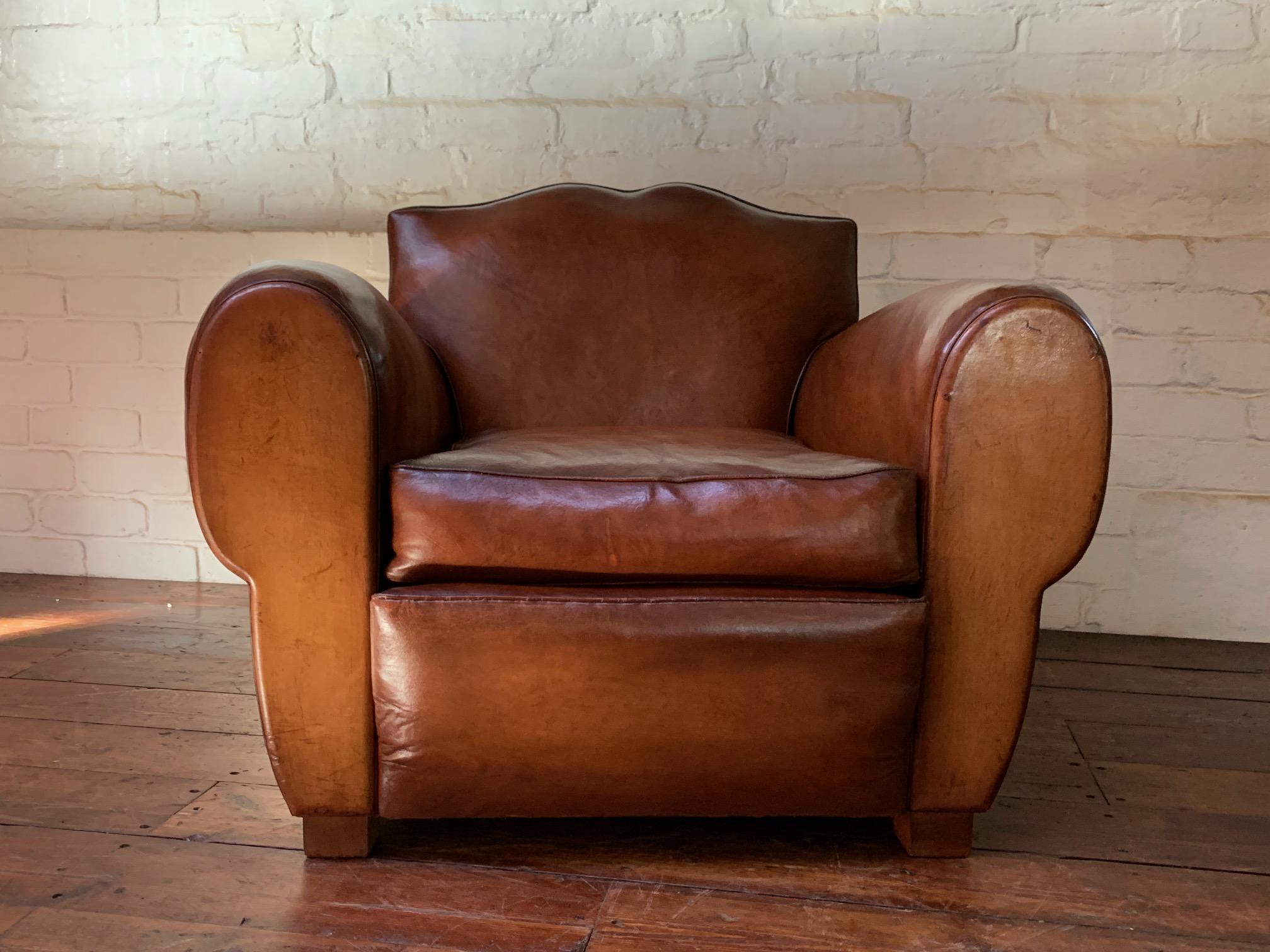 A Remarkable French Leather Club Chair, Moustache Back in Light Havana c1930's 6