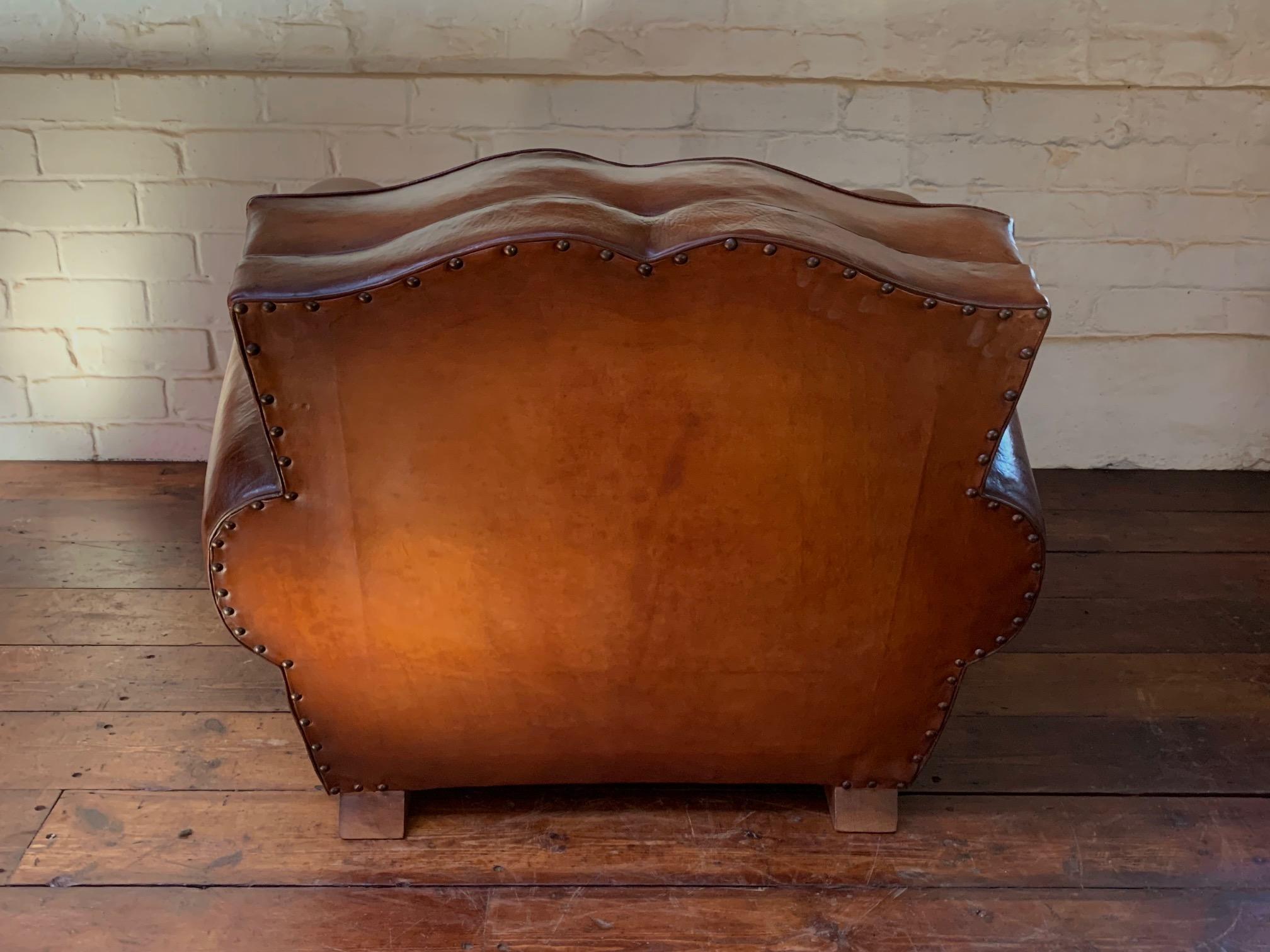 A Remarkable French Leather Club Chair, Moustache Back in Light Havana c1930's 7