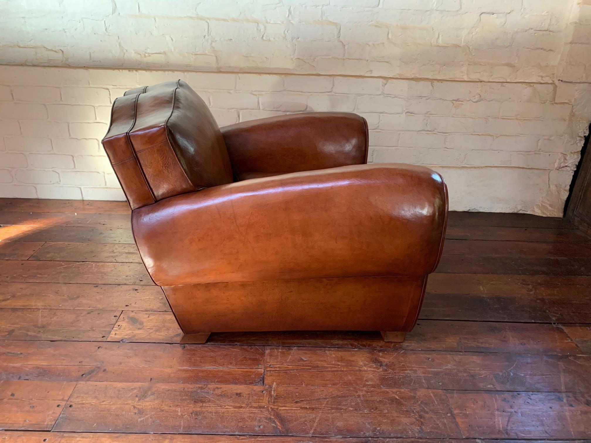 A Remarkable French Leather Club Chair, Moustache Back in Light Havana c1930's 8