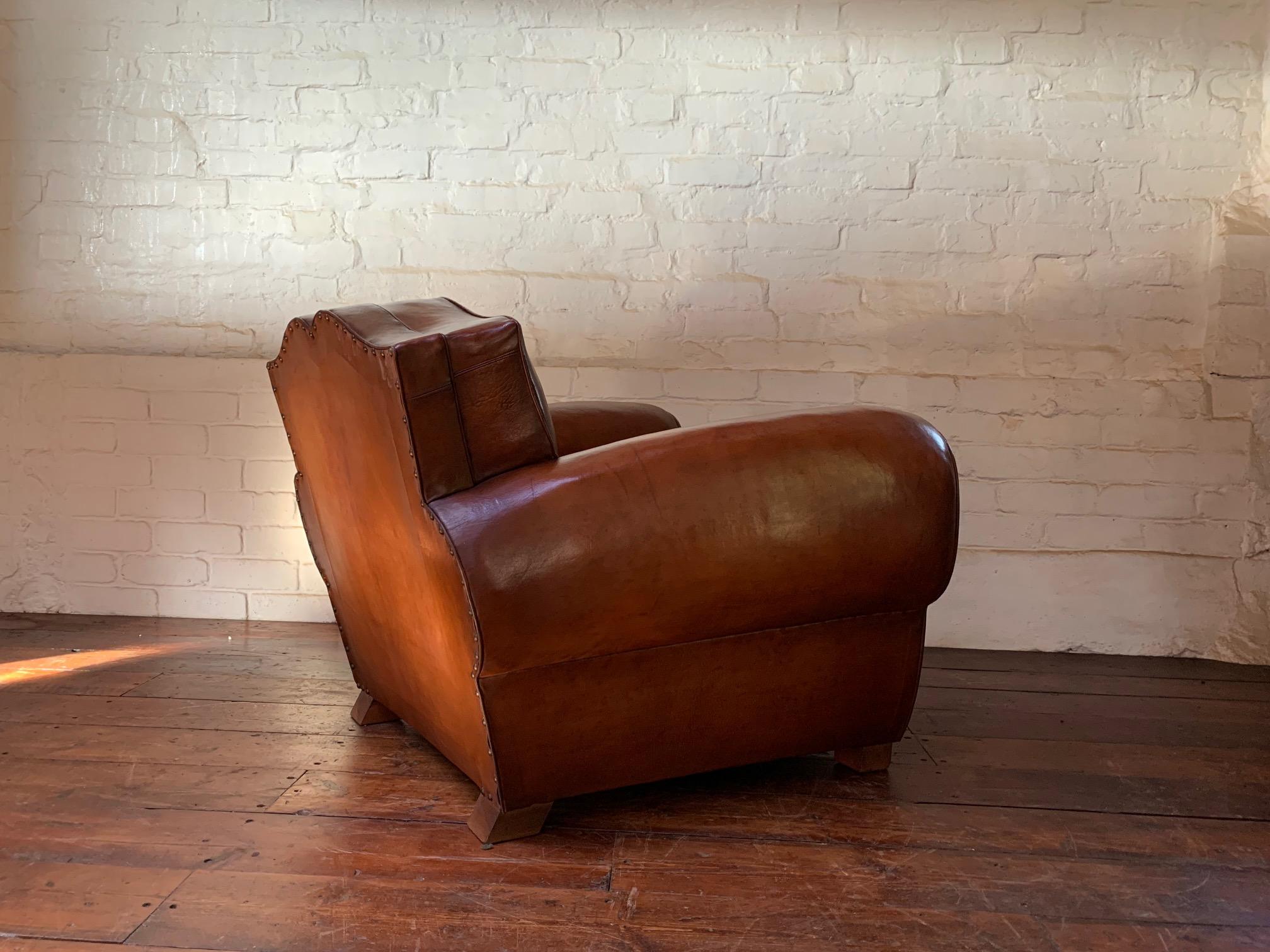 A Remarkable French Leather Club Chair, Moustache Back in Light Havana c1930's 9