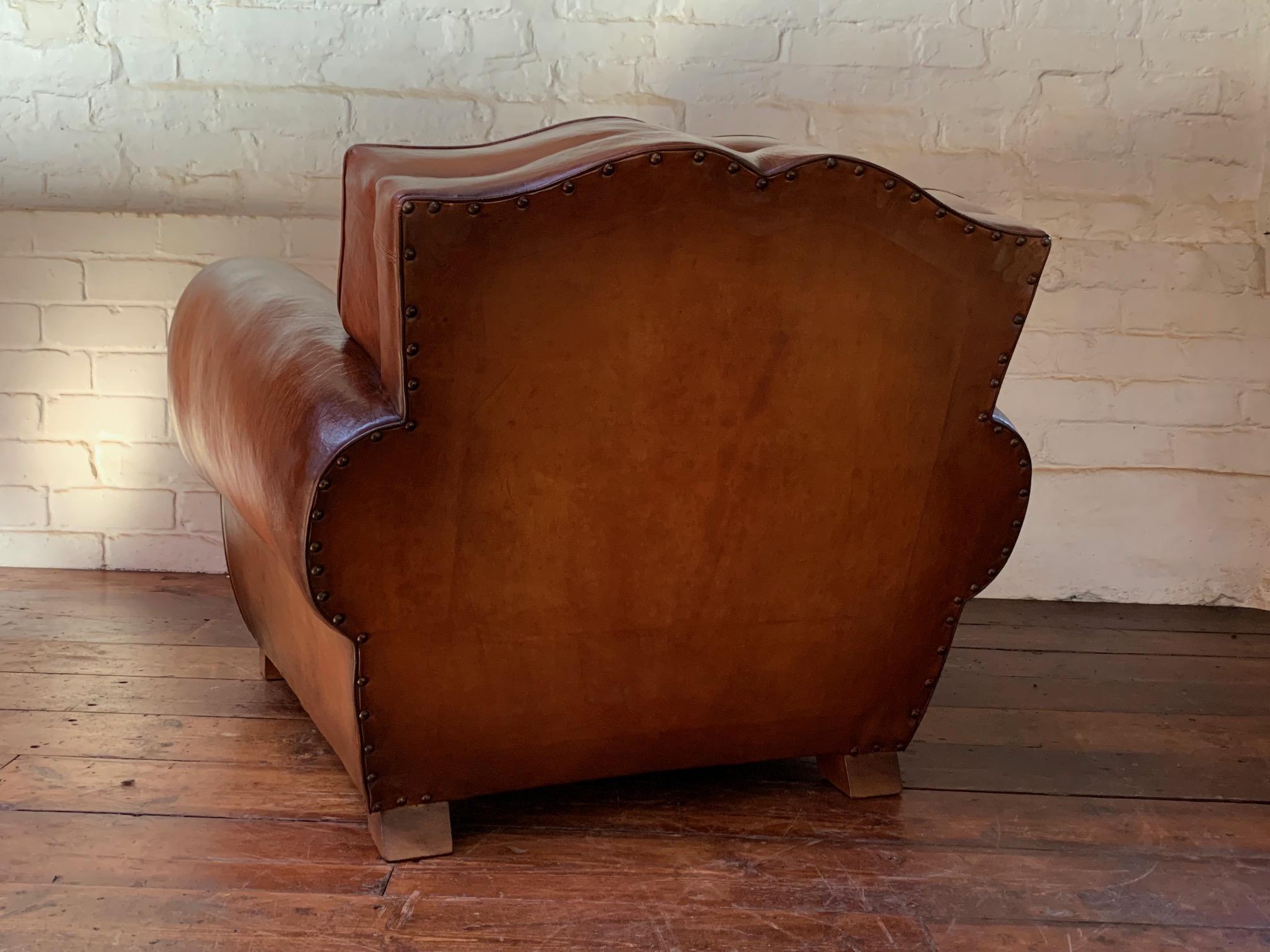 Art Deco A Remarkable French Leather Club Chair, Moustache Back in Light Havana c1930's