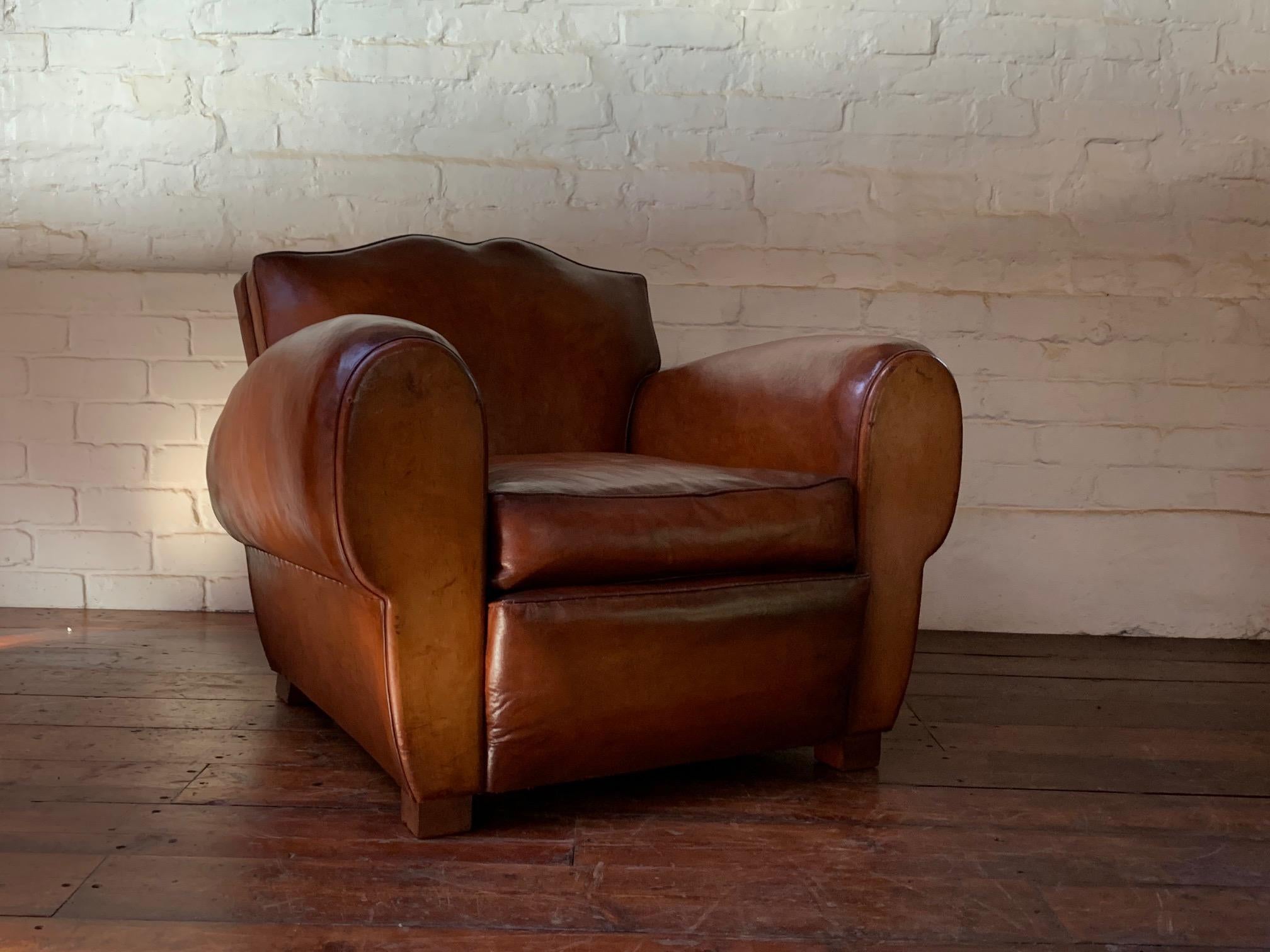 A Remarkable French Leather Club Chair, Moustache Back in Light Havana c1930's In Excellent Condition In Hastings, GB