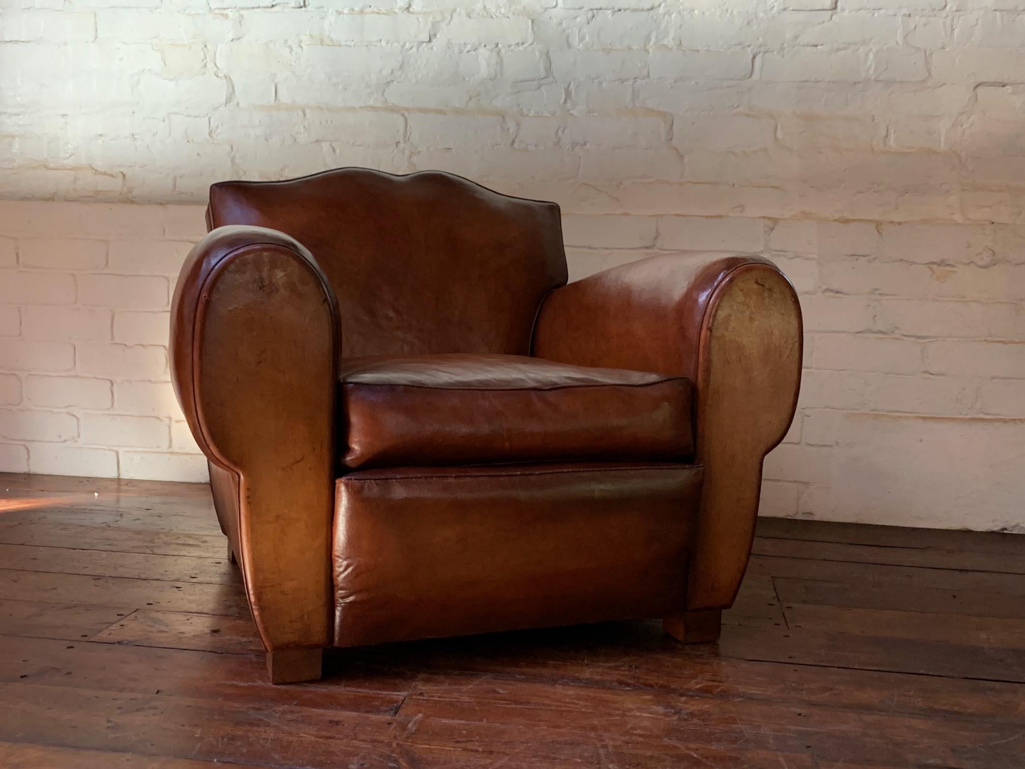 Mid-20th Century A Remarkable French Leather Club Chair, Moustache Back in Light Havana c1930's