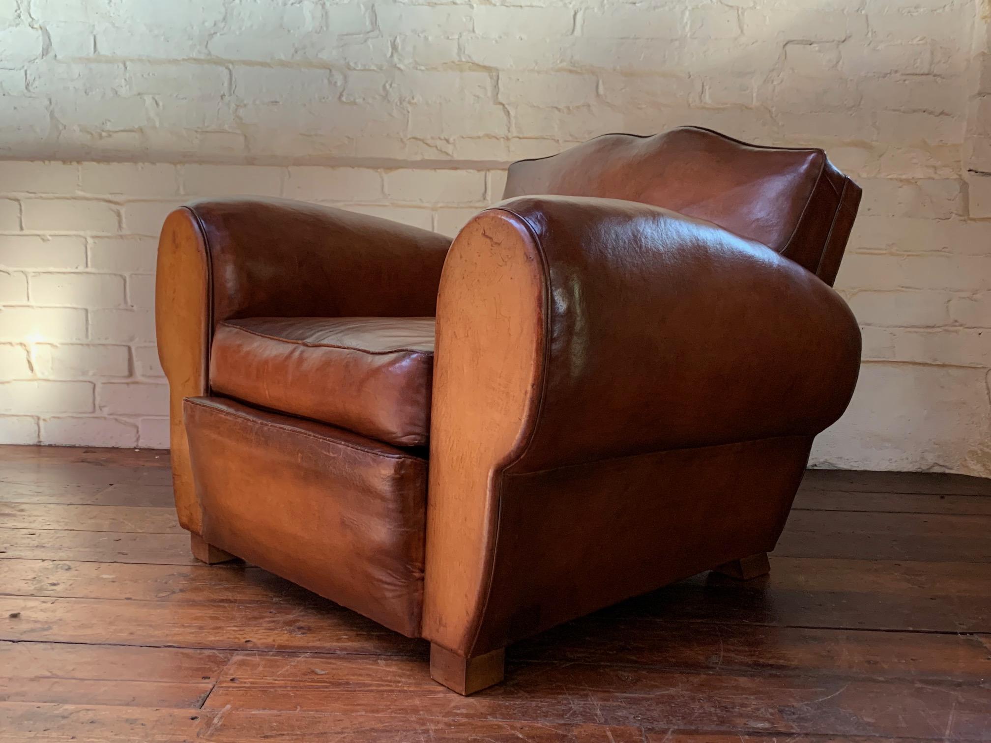 A Remarkable French Leather Club Chair, Moustache Back in Light Havana c1930's 1