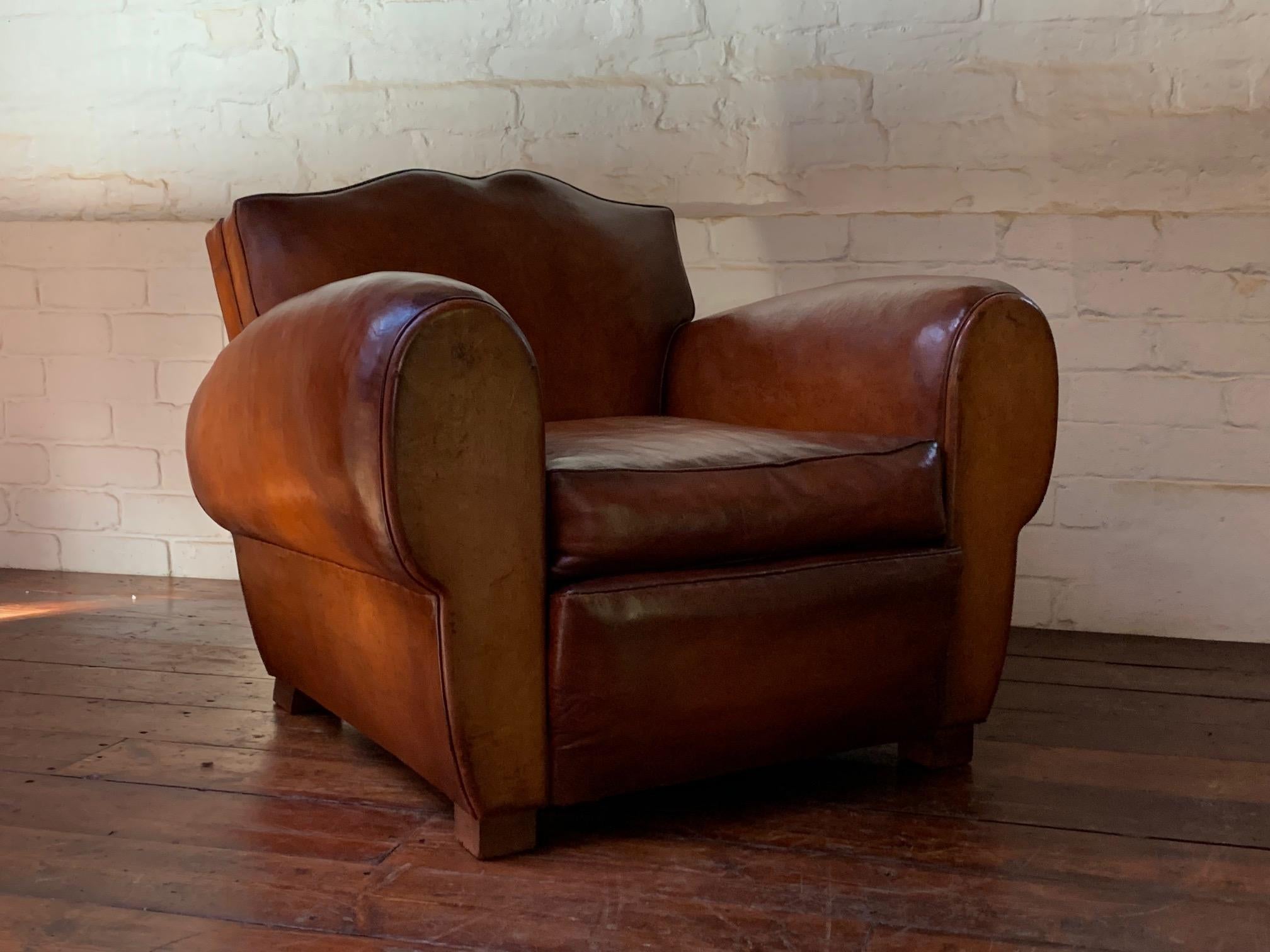 A Remarkable French Leather Club Chair, Moustache Back in Light Havana c1930's 2