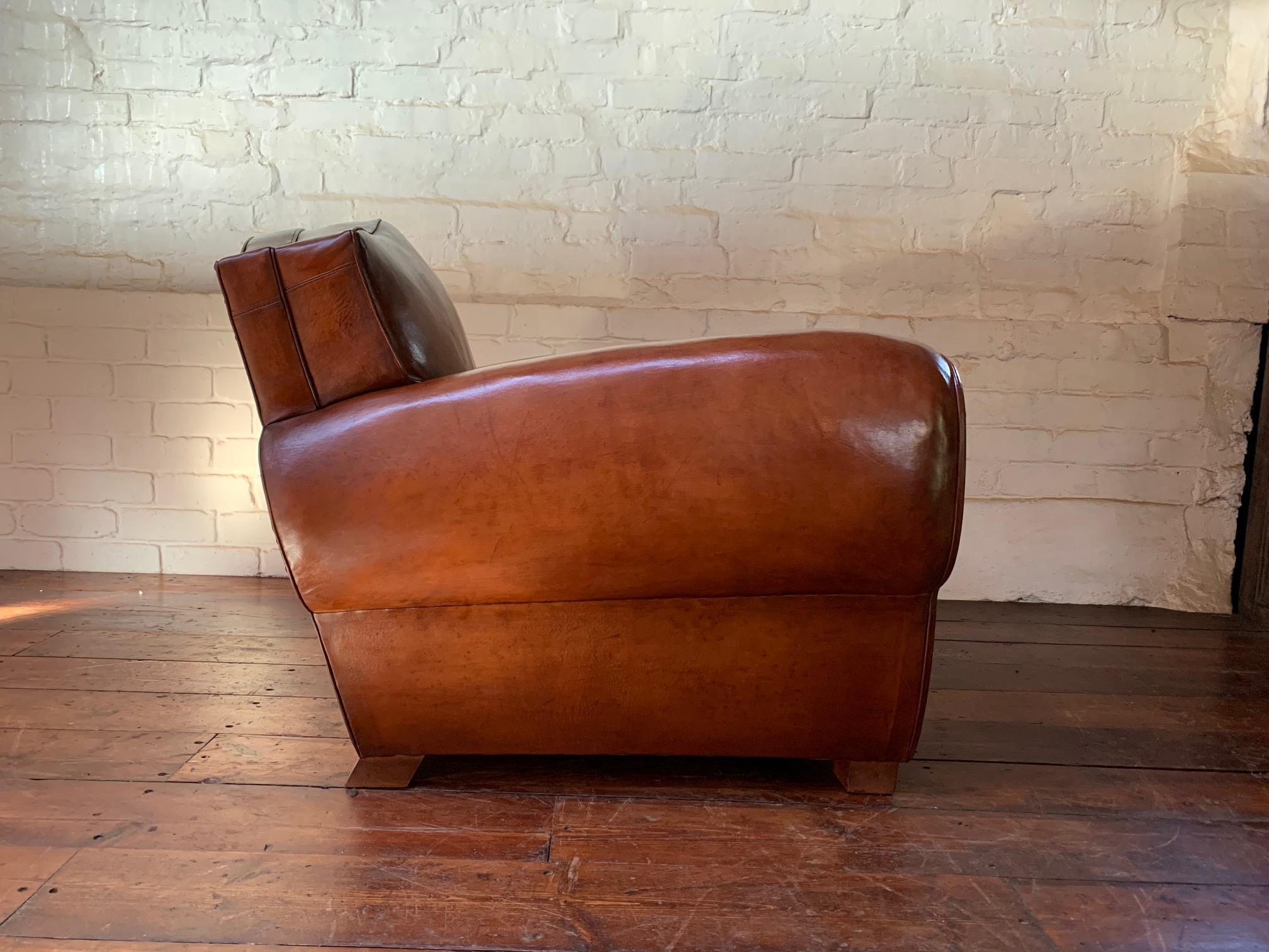 A Remarkable French Leather Club Chair, Moustache Back in Light Havana c1930's 3