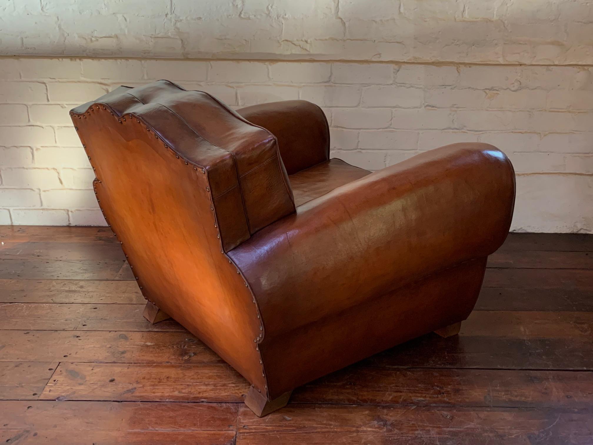 A Remarkable French Leather Club Chair, Moustache Back in Light Havana c1930's 4