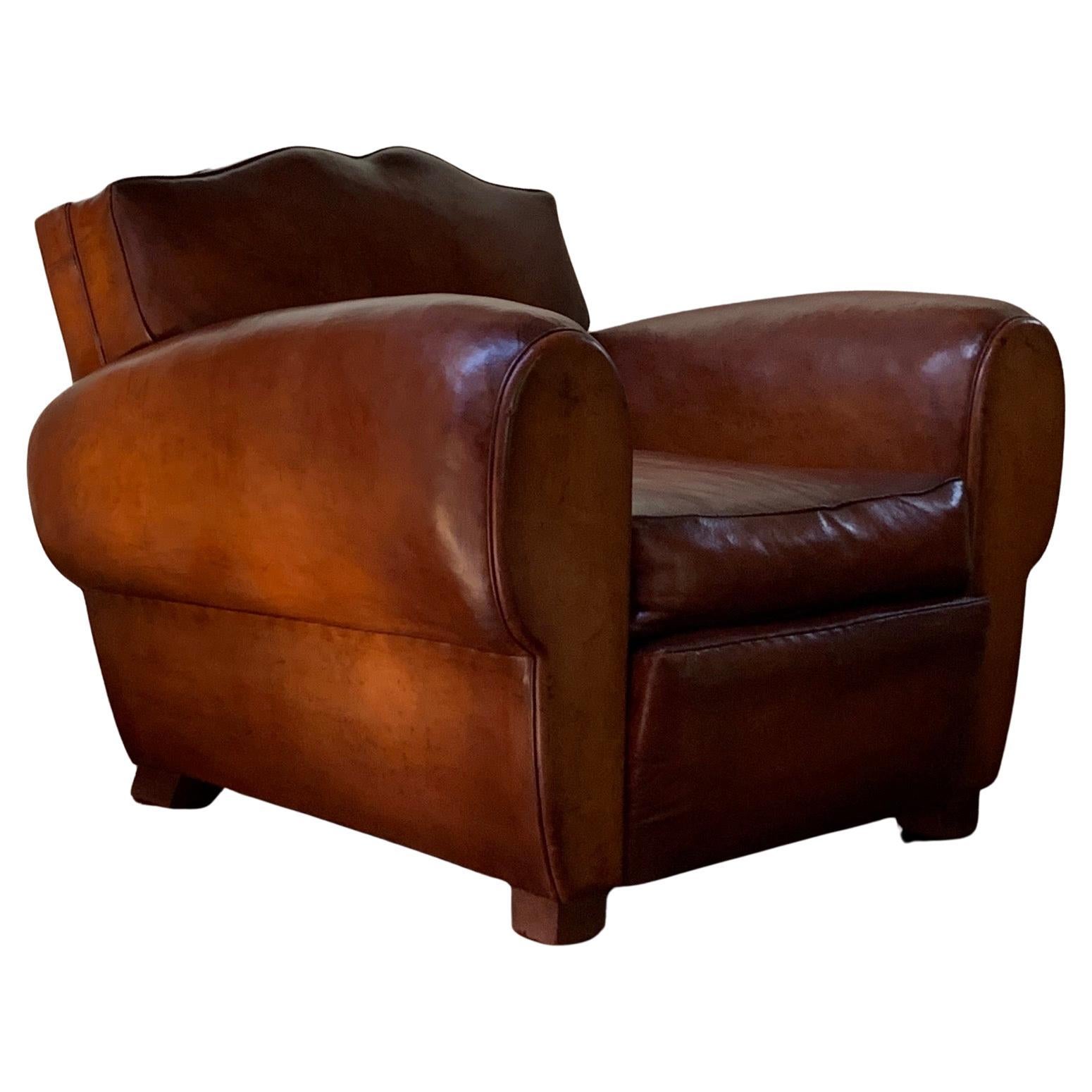 A Remarkable French Leather Club Chair, Moustache Back in Light Havana c1930's