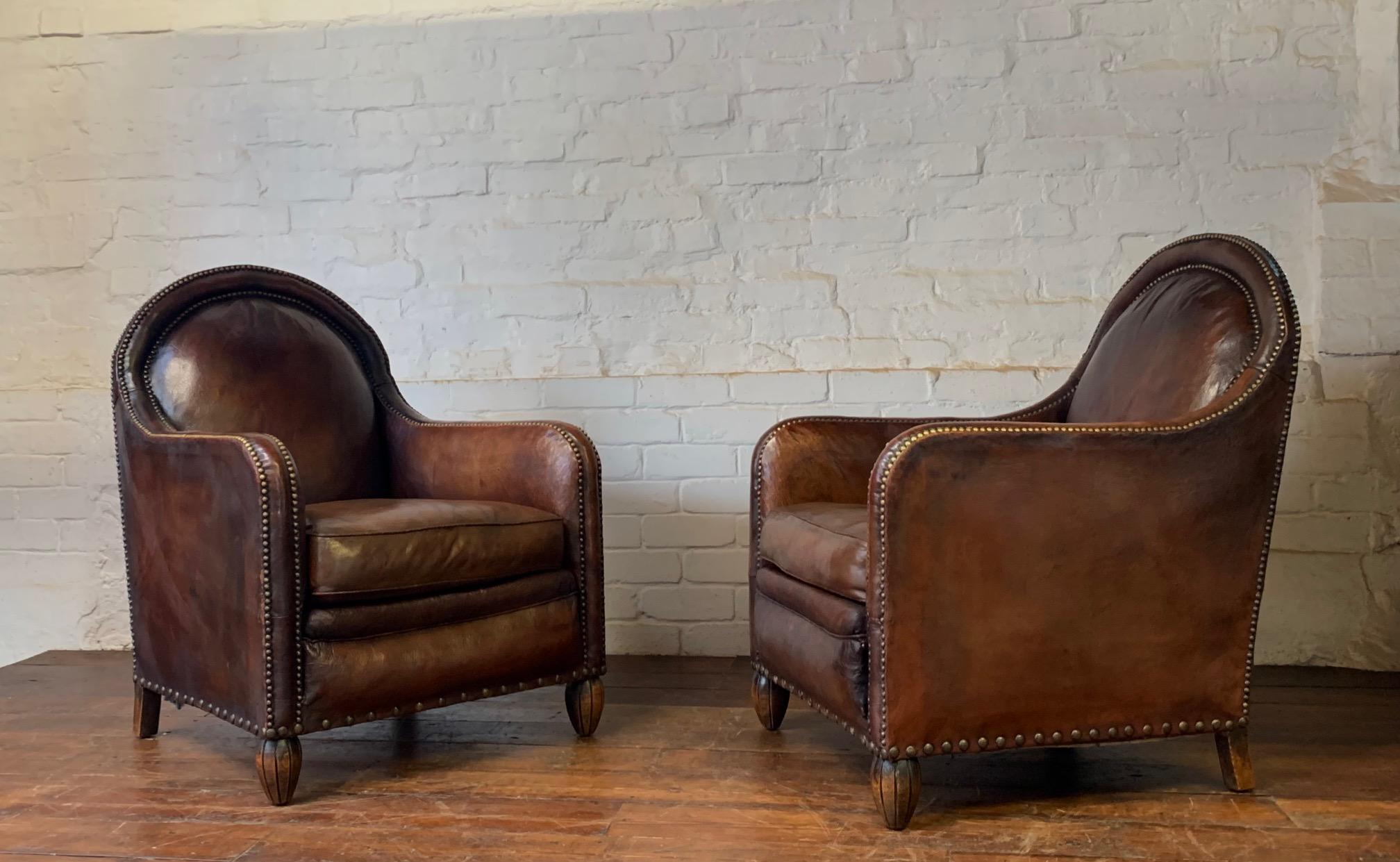 A Remarkable & Very Rare Pair of Original French Leather Club Chairs, Circa 1910 8