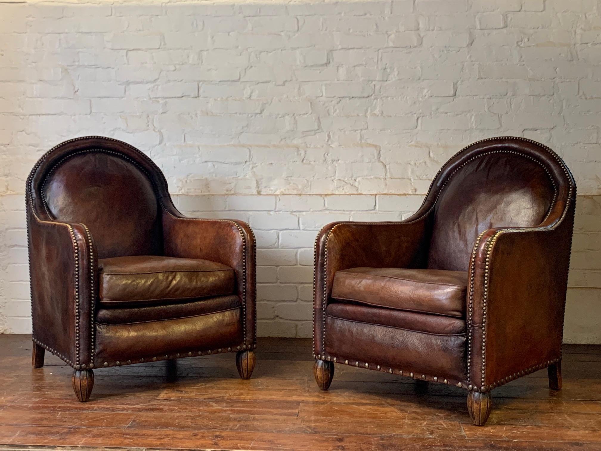 A Remarkable & Very Rare Pair of Original French Leather Club Chairs, Circa 1910 9