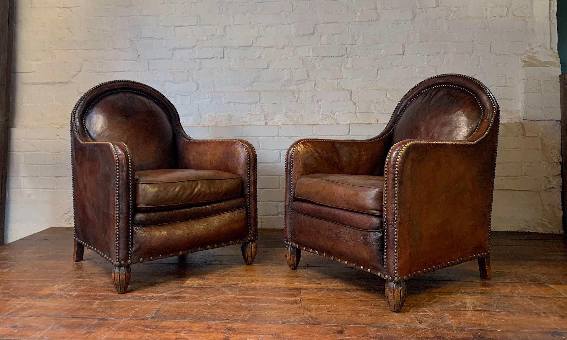 A Remarkable & Very Rare Pair of Original French Leather Club Chairs, Circa 1910 10