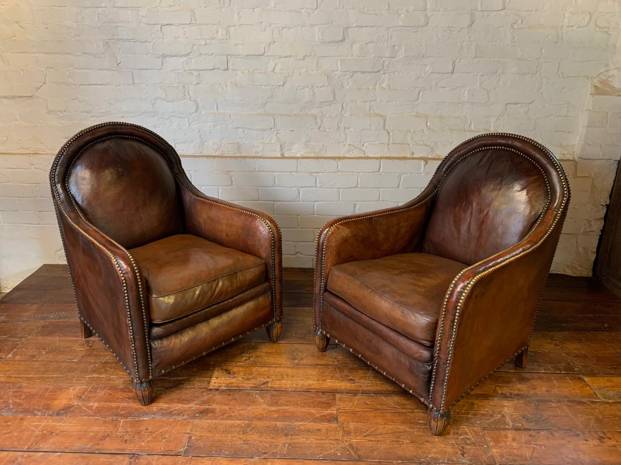 Arts and Crafts A Remarkable & Very Rare Pair of Original French Leather Club Chairs, Circa 1910