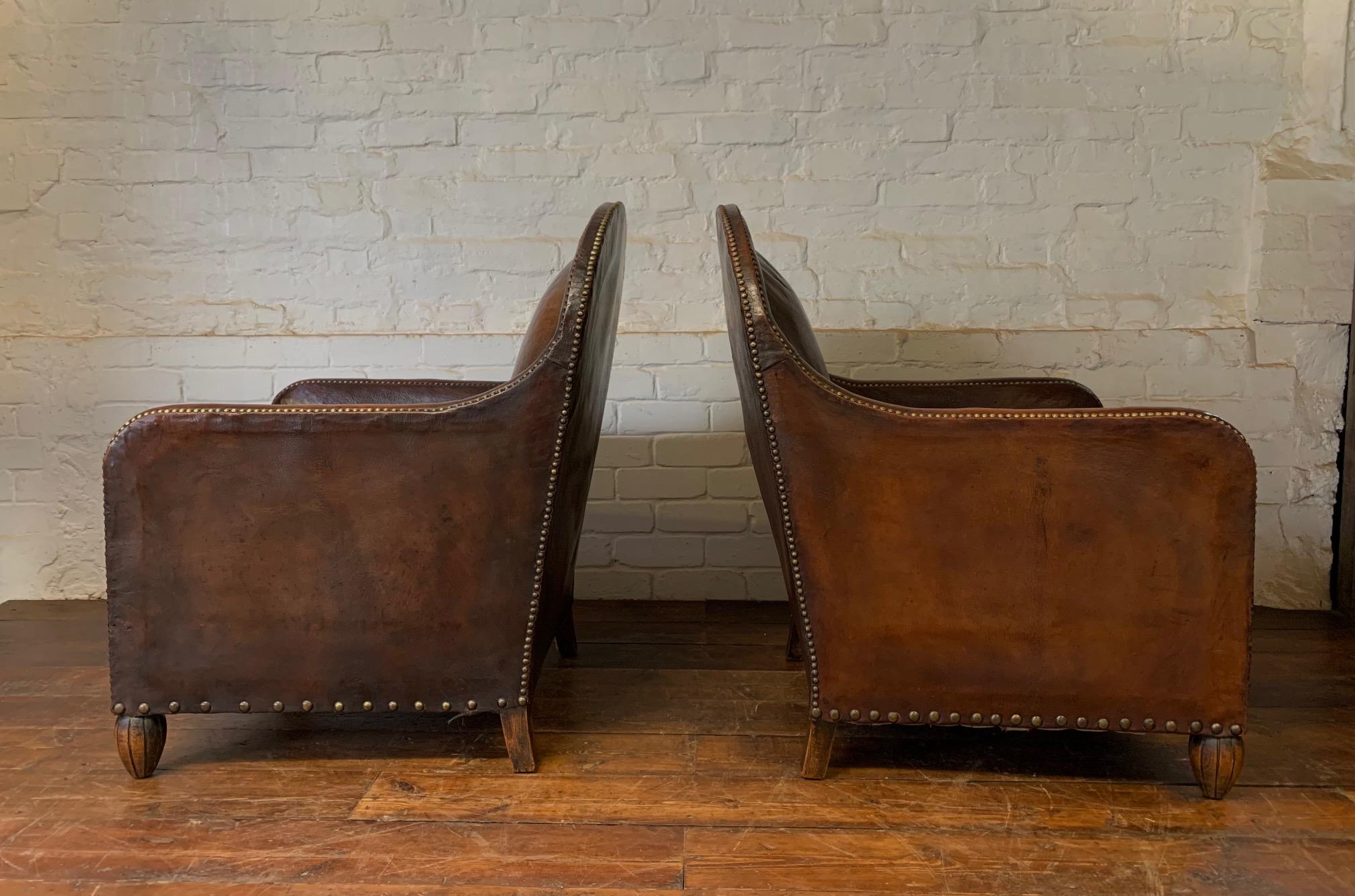 20th Century A Remarkable & Very Rare Pair of Original French Leather Club Chairs, Circa 1910