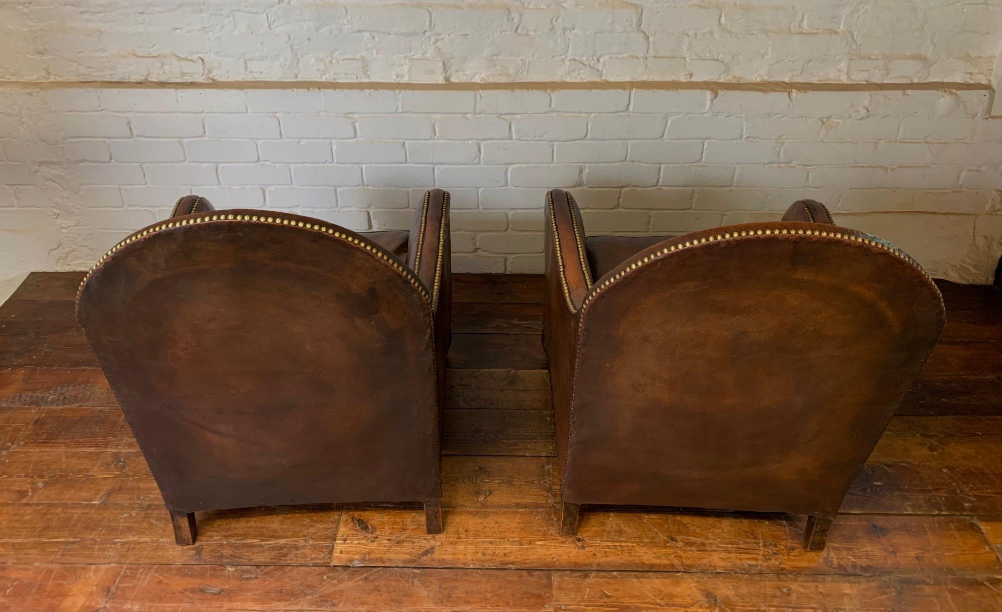 A Remarkable & Very Rare Pair of Original French Leather Club Chairs, Circa 1910 1