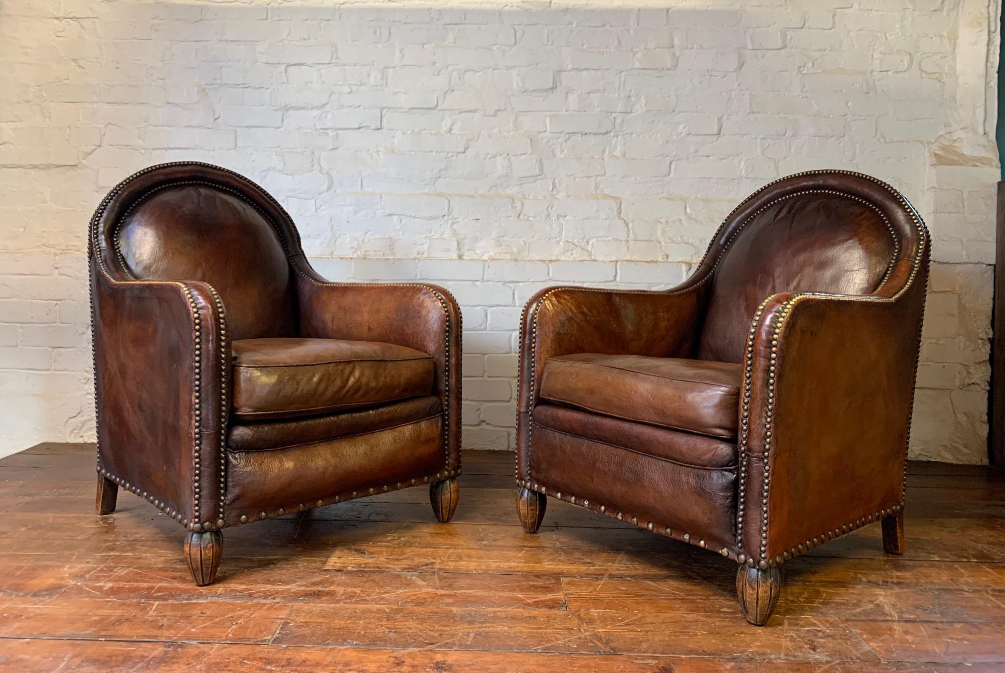 A Remarkable & Very Rare Pair of Original French Leather Club Chairs, Circa 1910 2