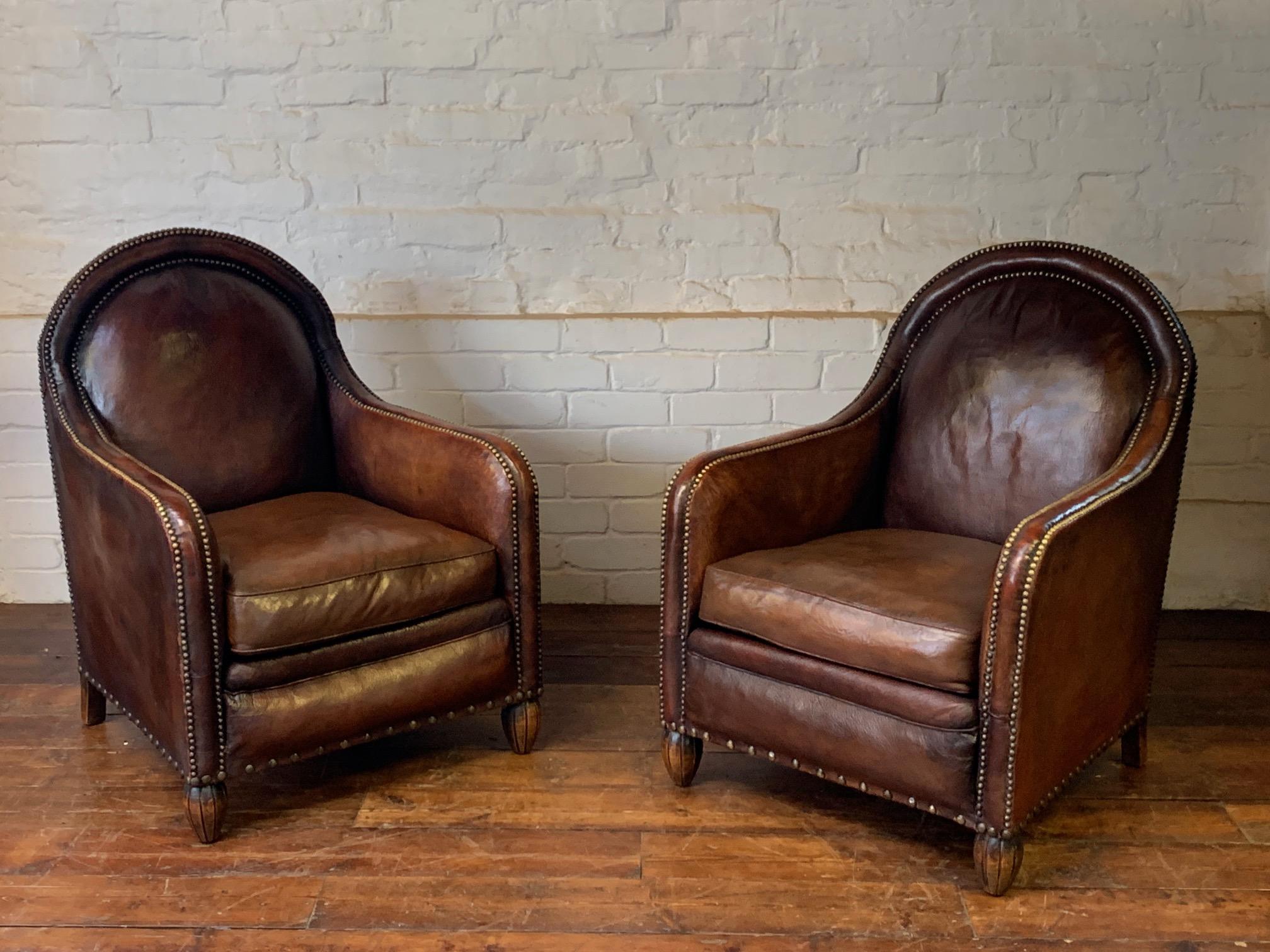 A Remarkable & Very Rare Pair of Original French Leather Club Chairs, Circa 1910 3