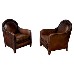 A Remarkable & Very Rare Pair of Original French Leather Club Chairs, Circa 1910