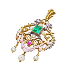 Renaissance Revival Emerald, Ruby and Pearl Pendant