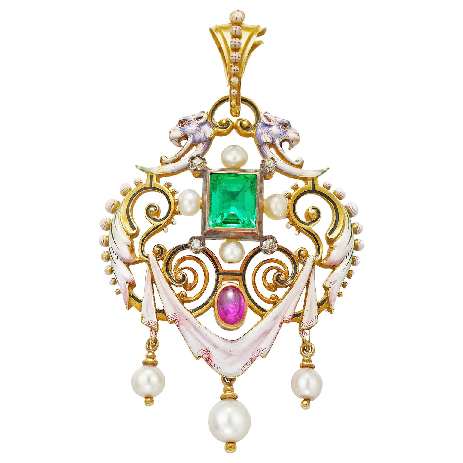 Renaissance Revival Emerald, Ruby and Pearl Pendant