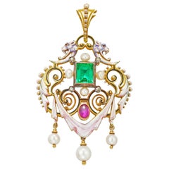 Renaissance Revival Emerald, Ruby and Pearl Pendant