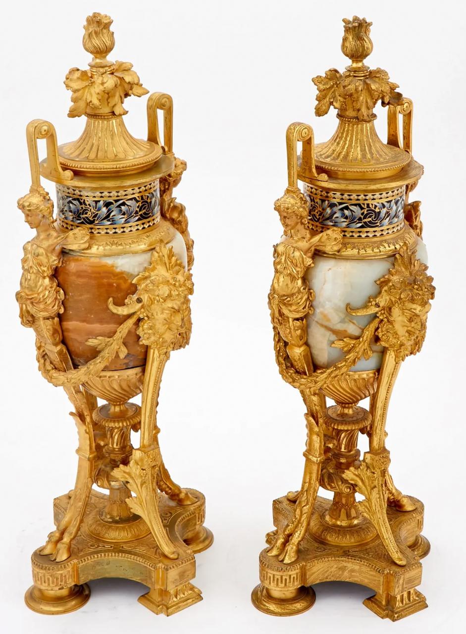 French A Renaissance Revival Onyx and Champlevé Planter with Cloisonné Enamel Urns For Sale