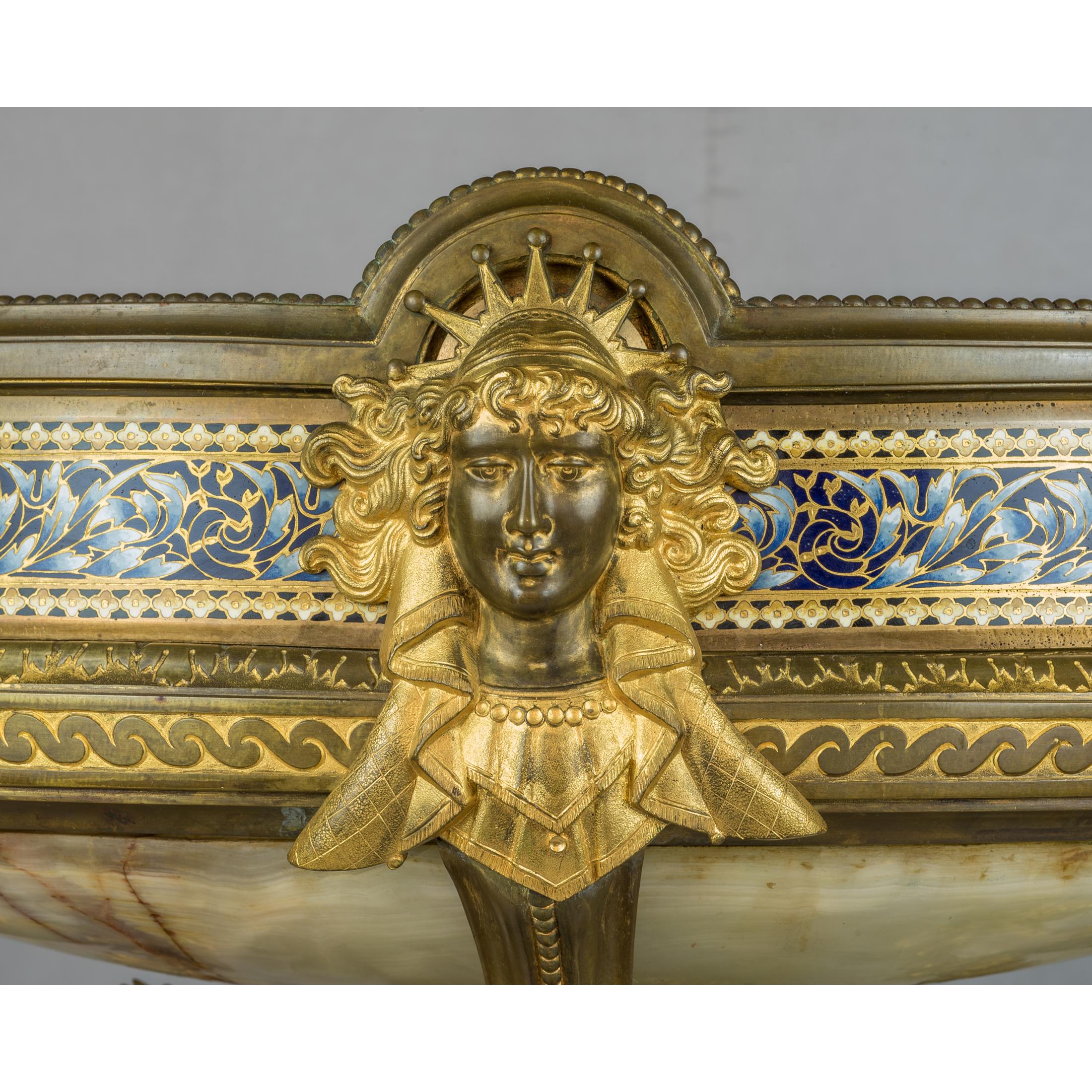 A Renaissance Revival Onyx and Champlevé Planter with Cloisonné Enamel Urns In Good Condition For Sale In New York, NY