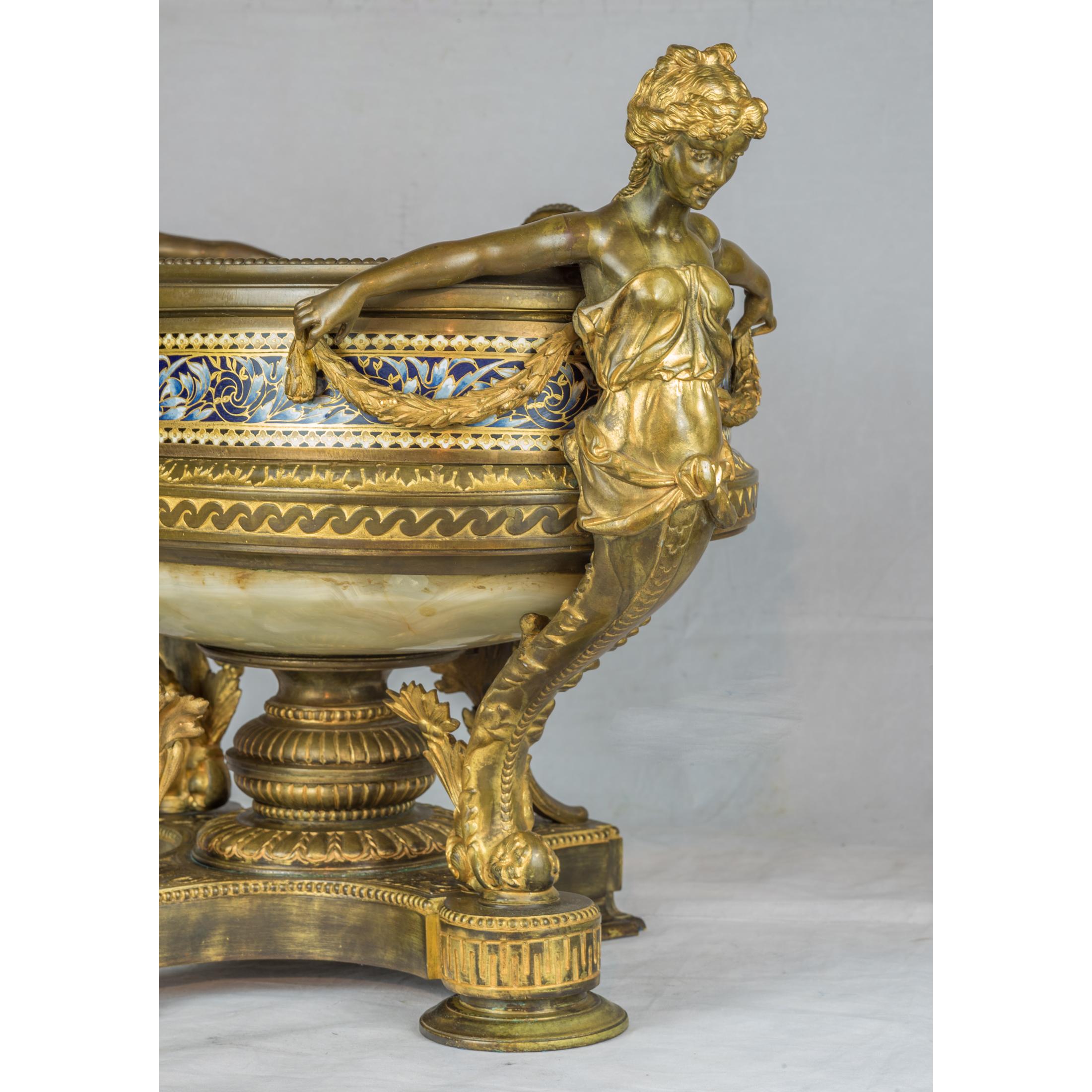 19th Century A Renaissance Revival Onyx and Champlevé Planter with Cloisonné Enamel Urns For Sale