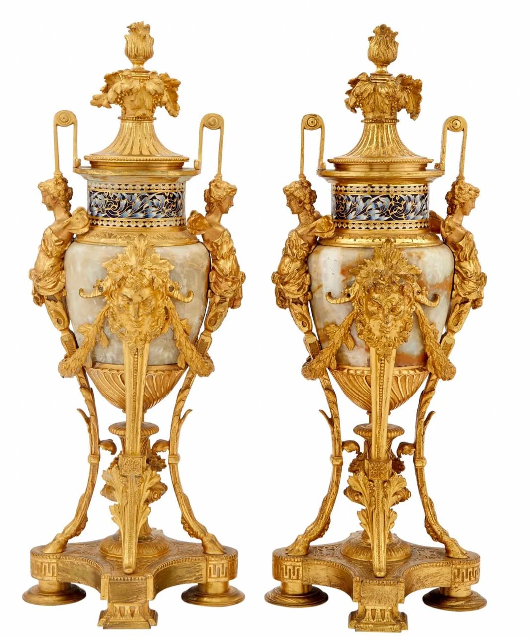 Bronze A Renaissance Revival Onyx and Champlevé Planter with Cloisonné Enamel Urns For Sale