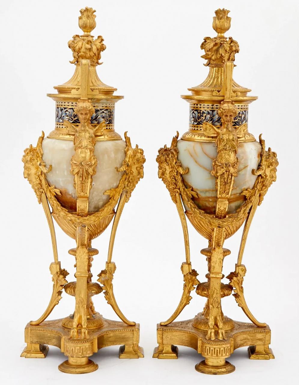 A Renaissance Revival Onyx and Champlevé Planter with Cloisonné Enamel Urns For Sale 2