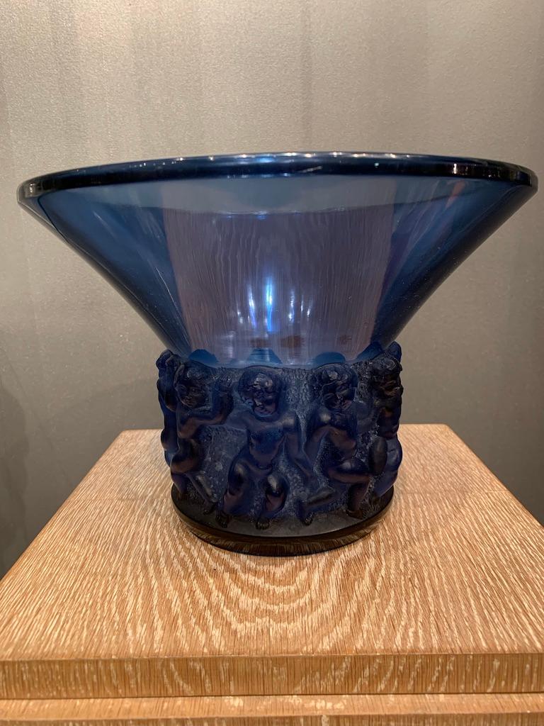French René Lalique Art Deco Blue Glass Farandole Vase For Sale