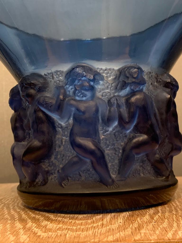 Molded René Lalique Art Deco Blue Glass Farandole Vase For Sale