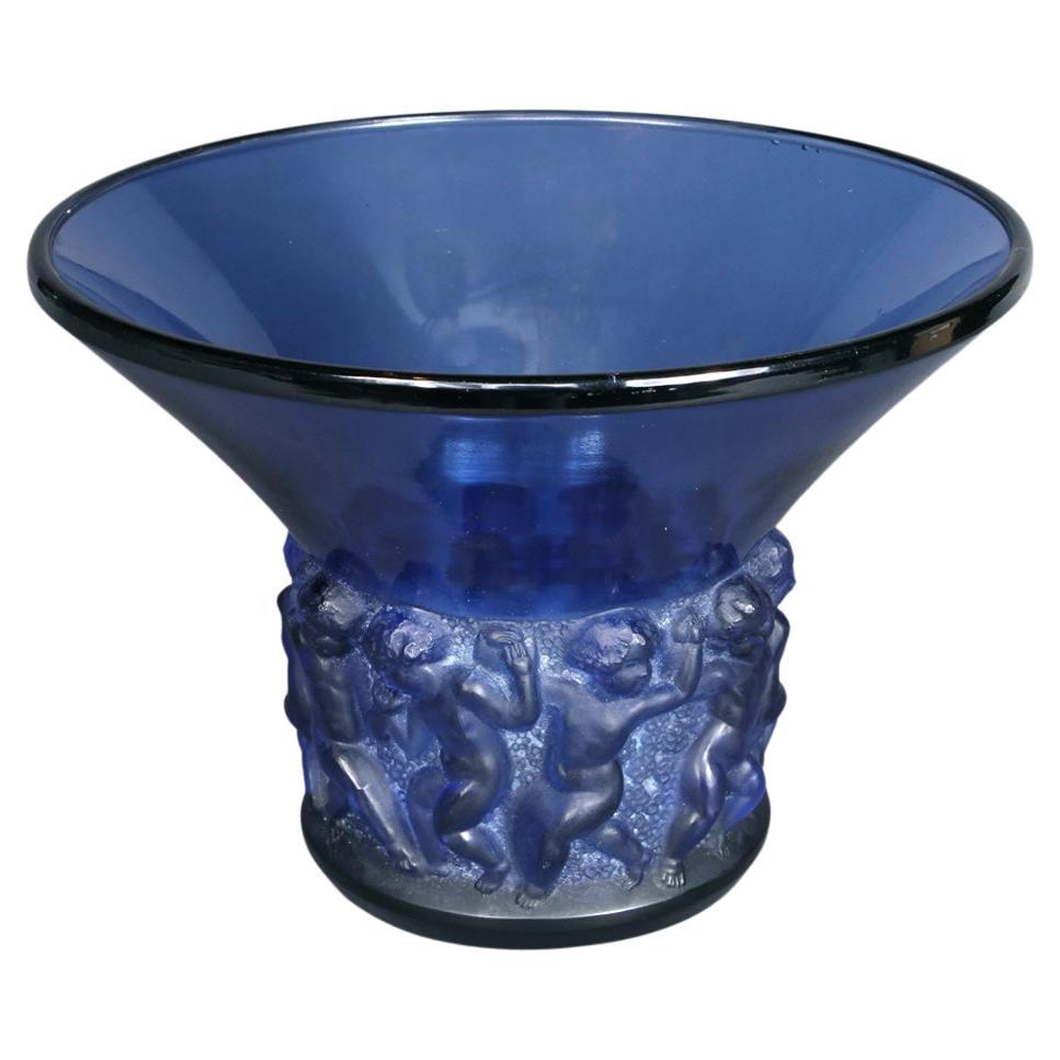 René Lalique Art Deco Farandole Vase aus blauem Glas