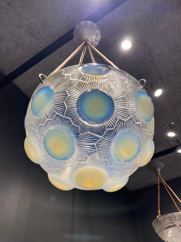 French Rene Lalique Soleil Chandelier in Opalescent Glass