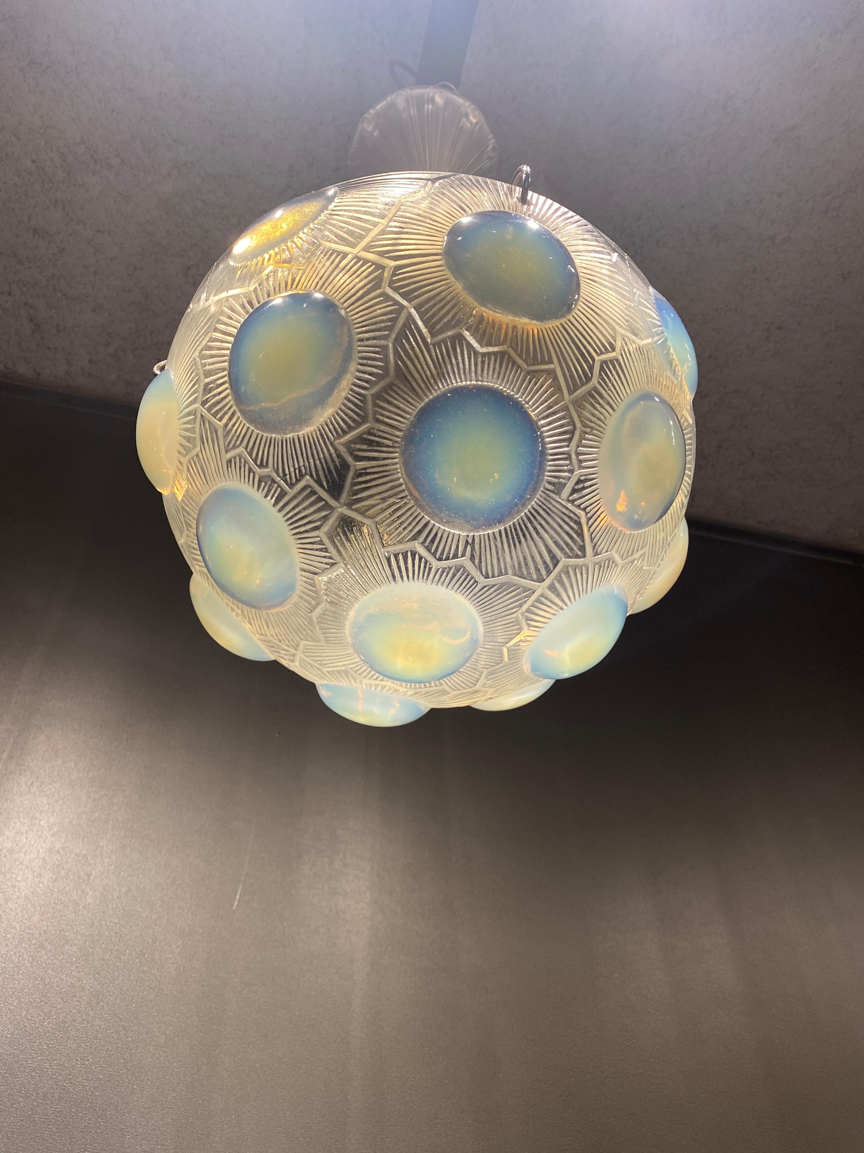 French Rene Lalique Soleil Chandelier in Opalescent Glass