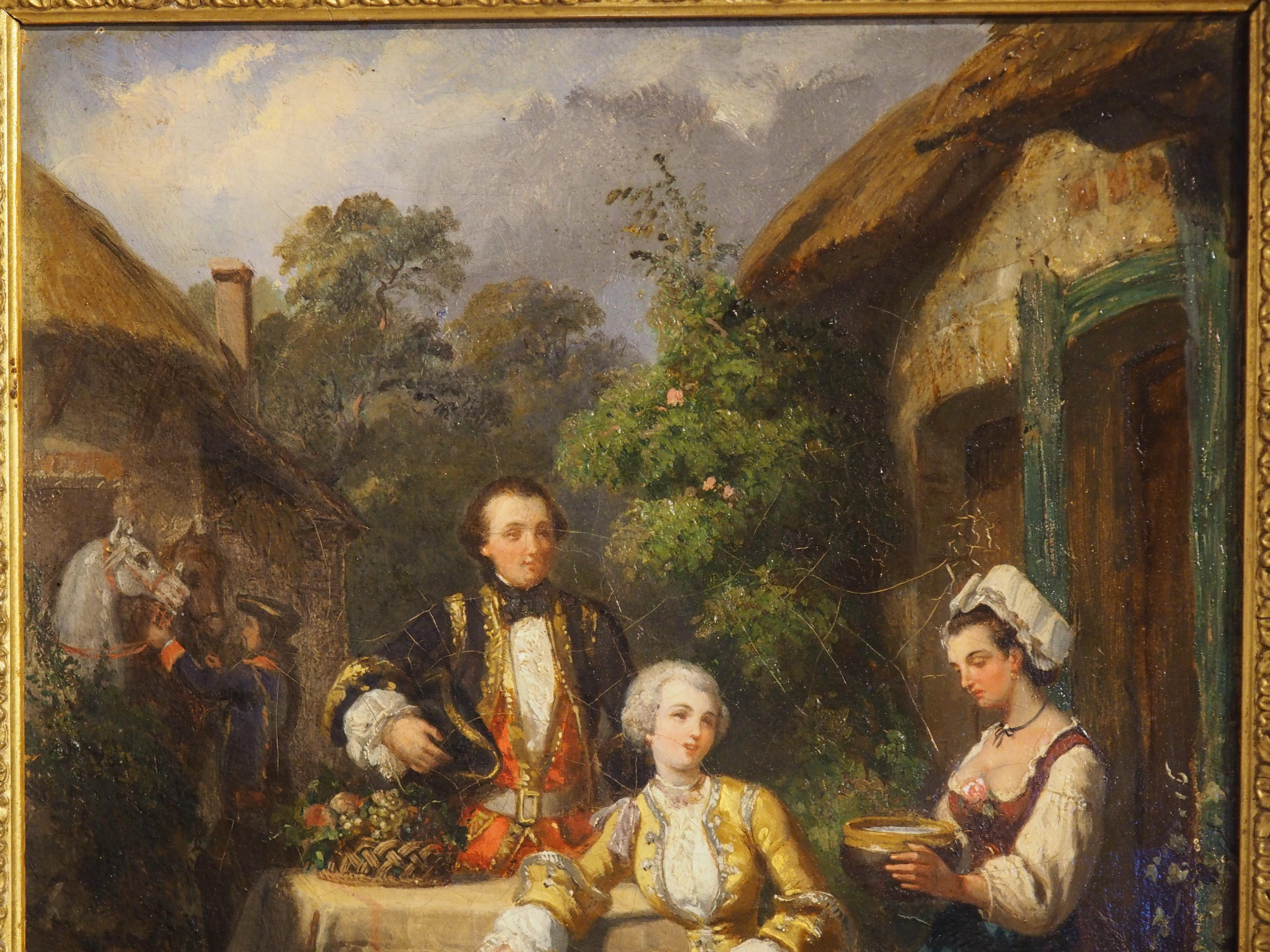 A Rest in the Courtyard, Antique French Oil on Canvas, Charles Alexandre DeBacq For Sale 7