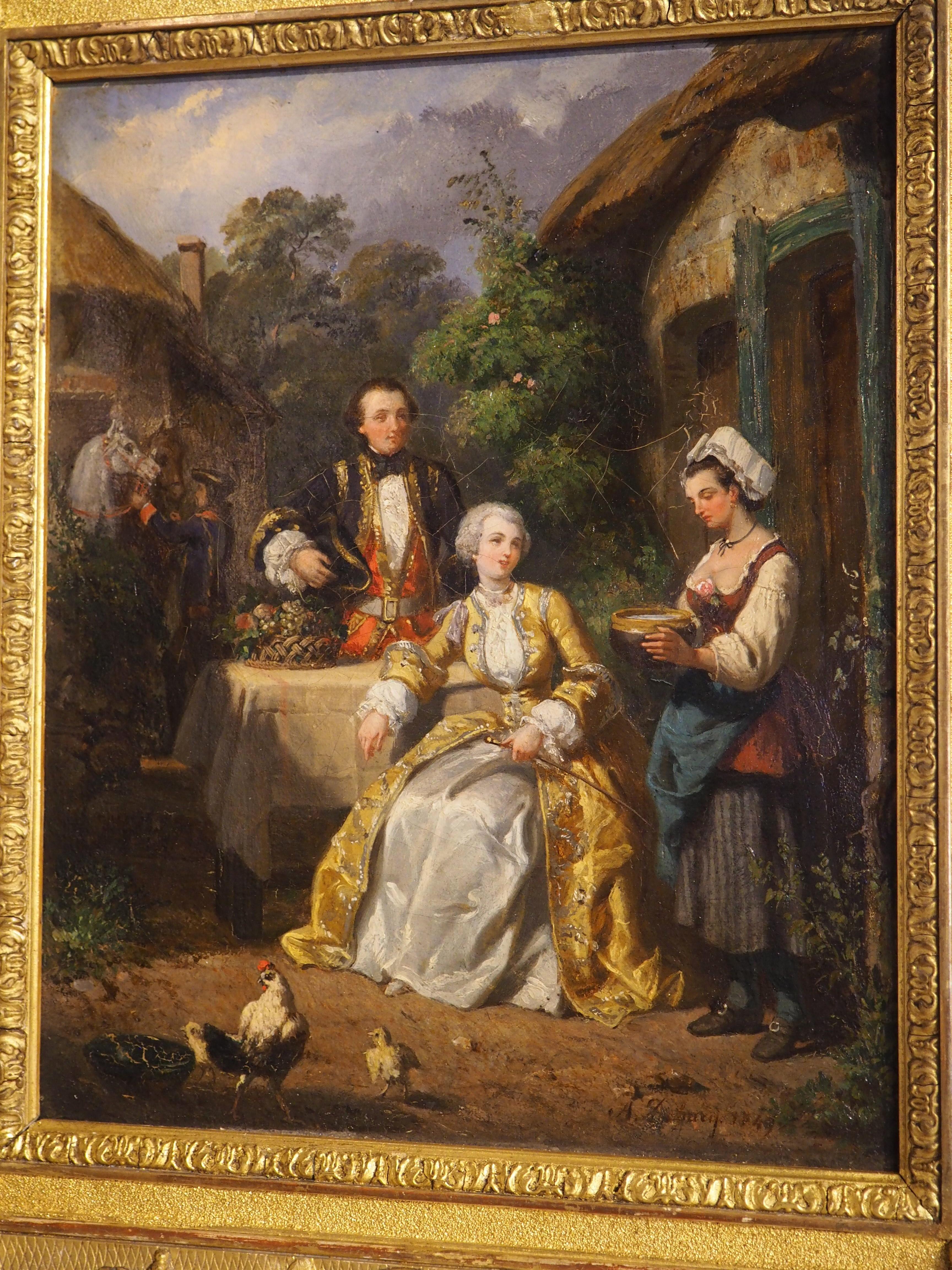 Hand-Carved A Rest in the Courtyard, Antique French Oil on Canvas, Charles Alexandre DeBacq For Sale