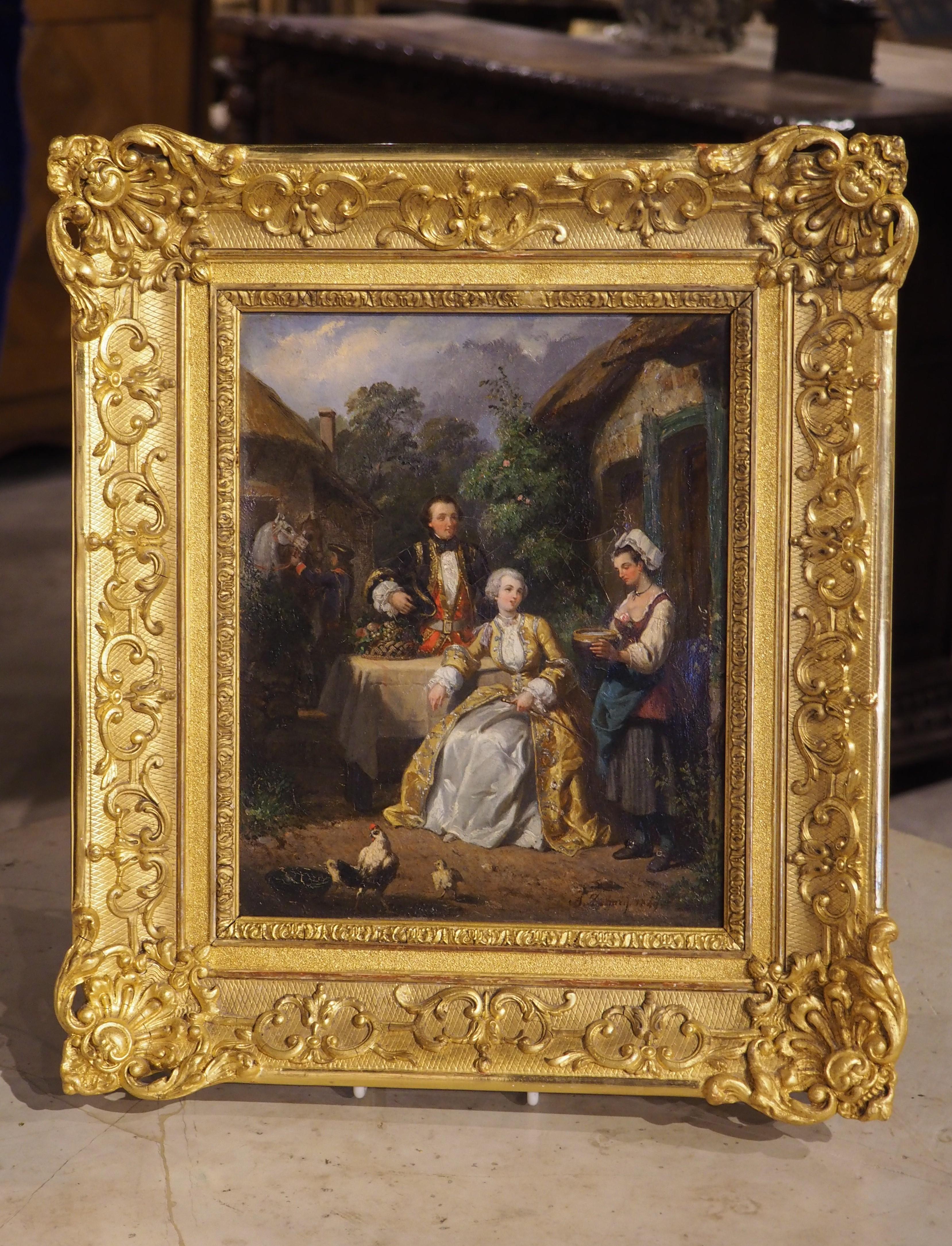 19th Century A Rest in the Courtyard, Antique French Oil on Canvas, Charles Alexandre DeBacq For Sale