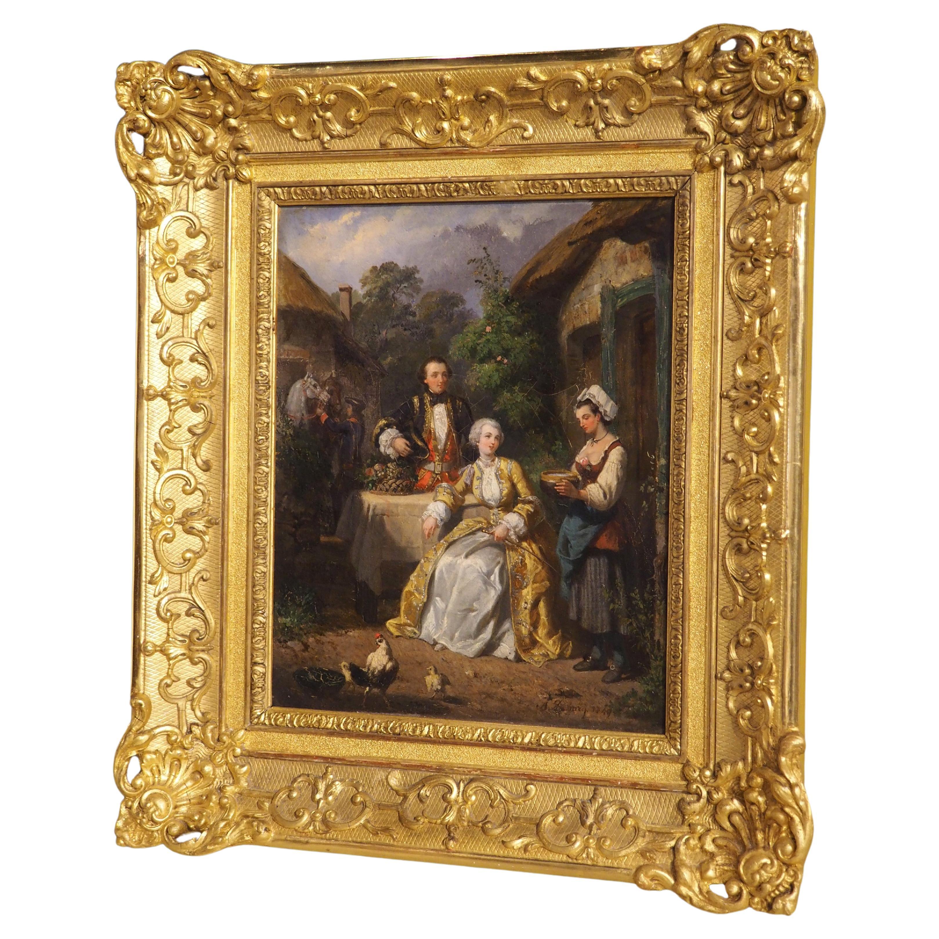 A Rest in the Courtyard, Antique French Oil on Canvas, Charles Alexandre DeBacq For Sale