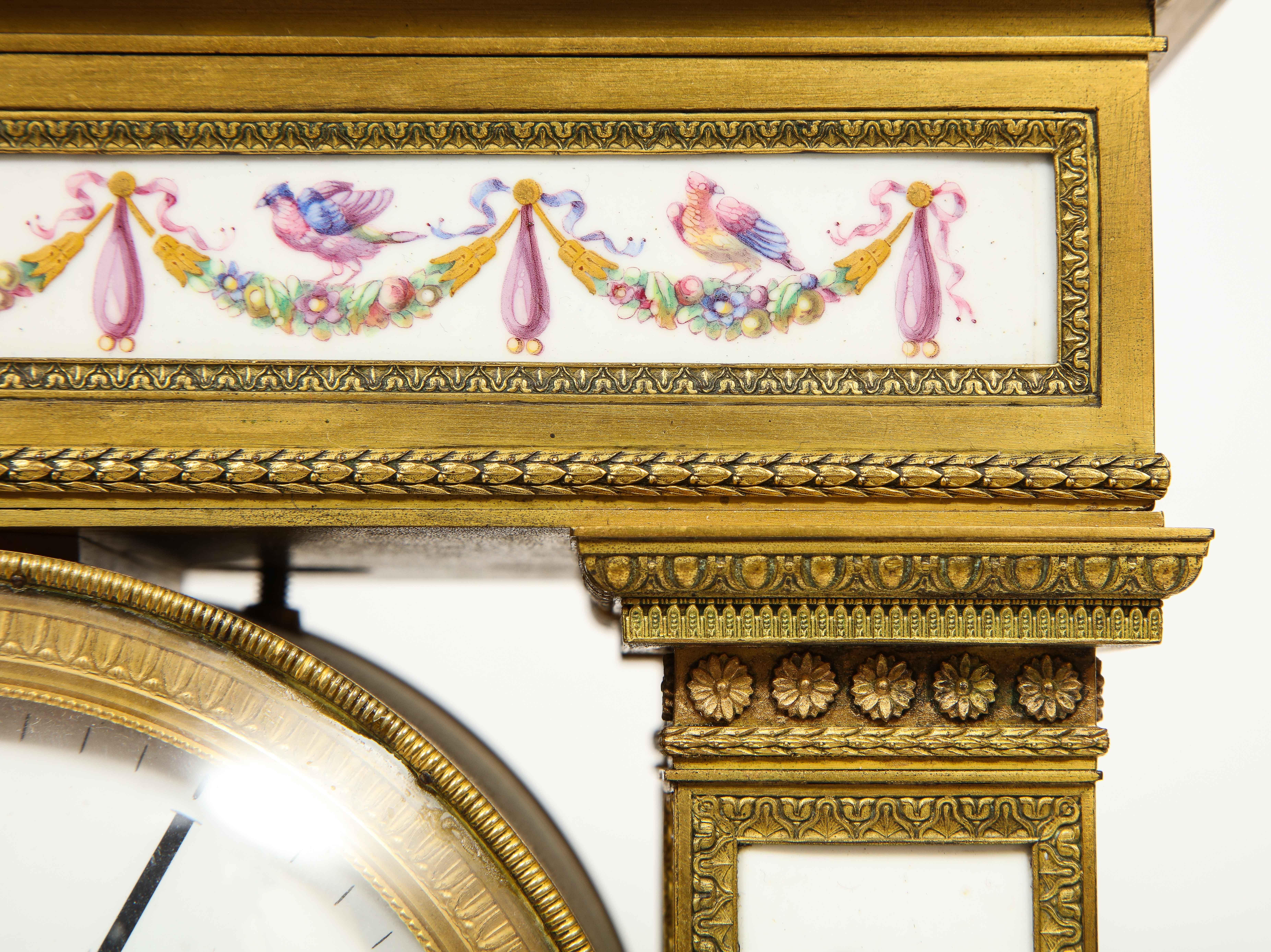 A Restauration Period Porcelain Inset Ormolu Mantel Clock, Attributed to Deniere For Sale 4