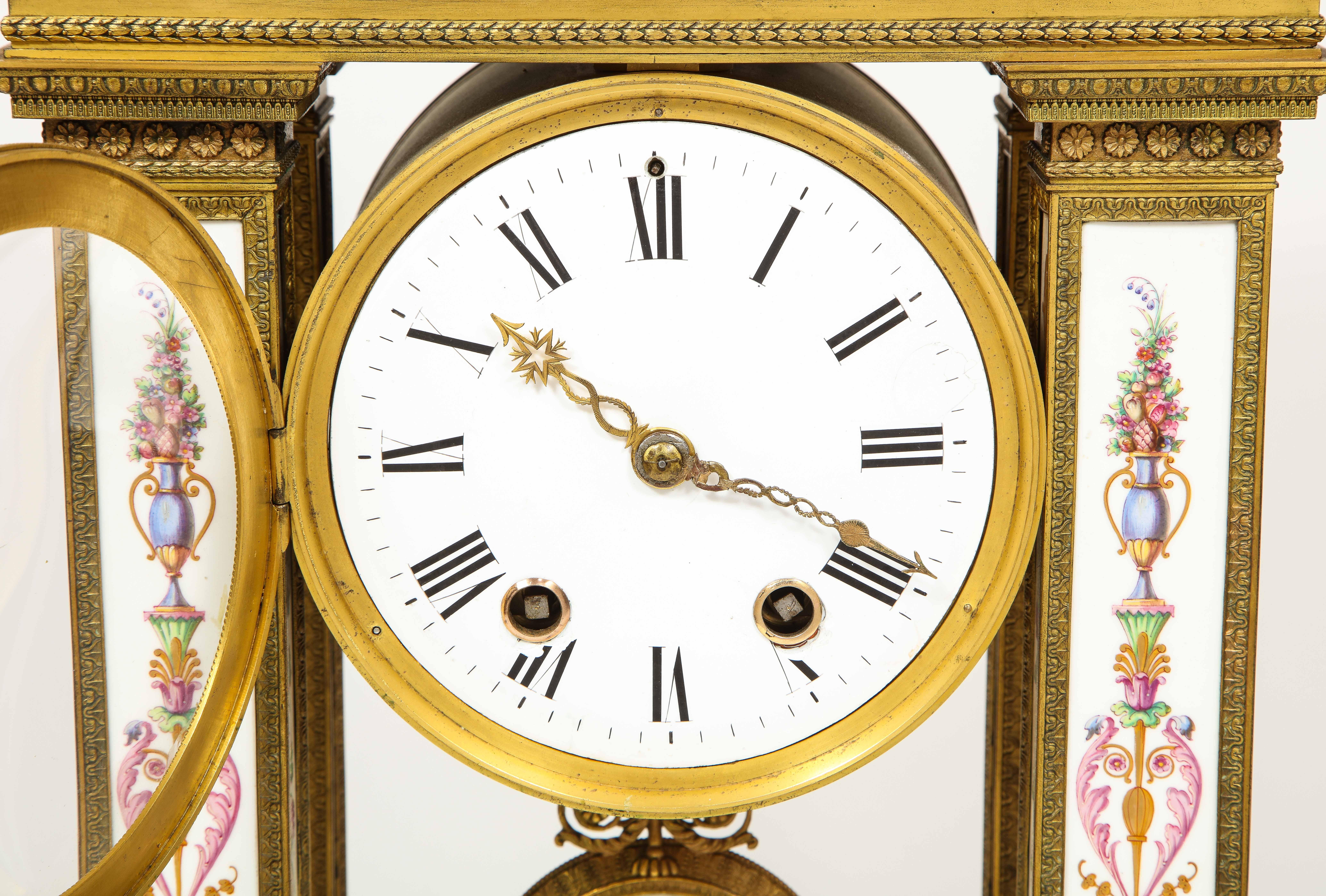 A Restauration Period Porcelain Inset Ormolu Mantel Clock, Attributed to Deniere For Sale 5