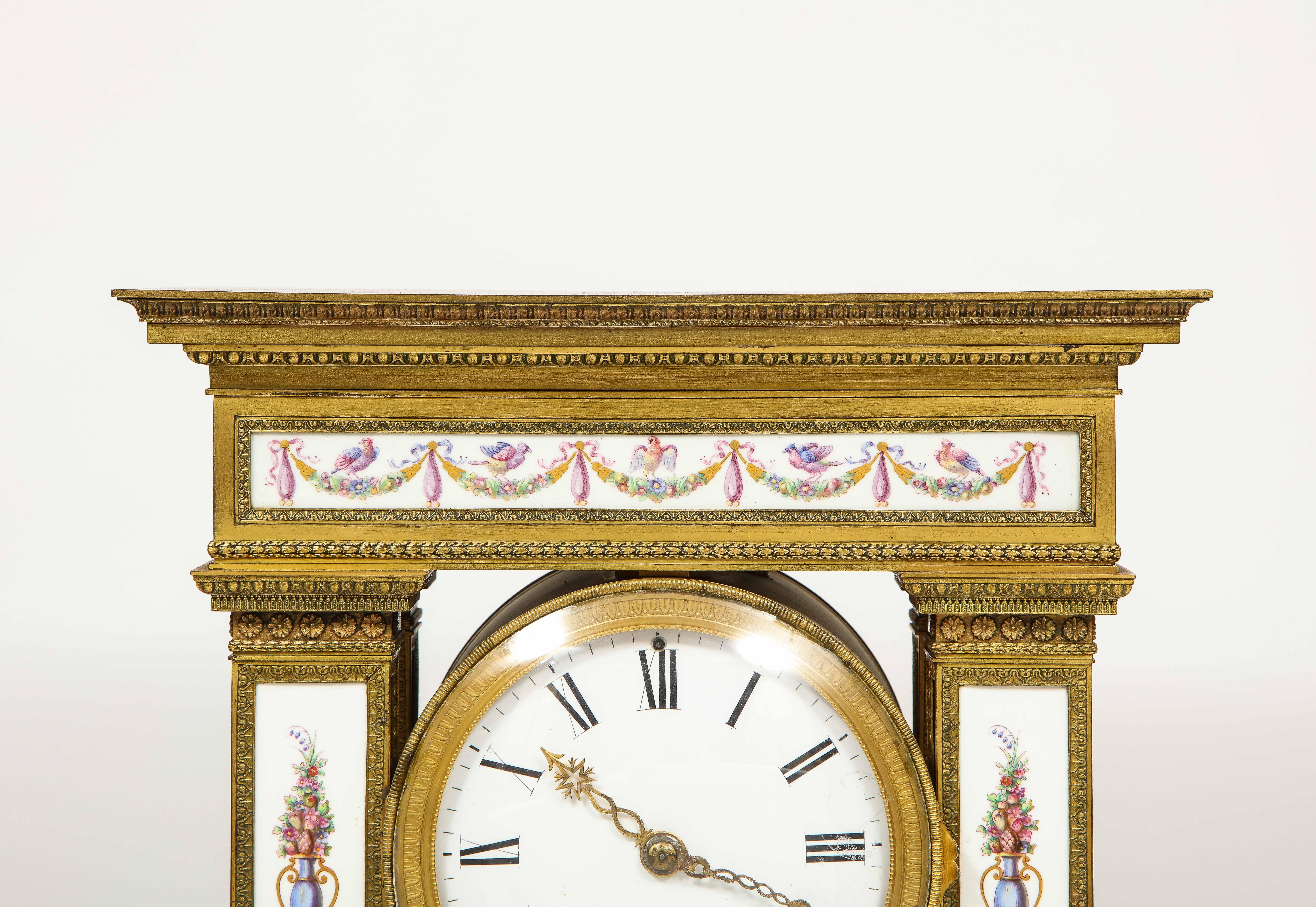 French A Restauration Period Porcelain Inset Ormolu Mantel Clock, Attributed to Deniere For Sale