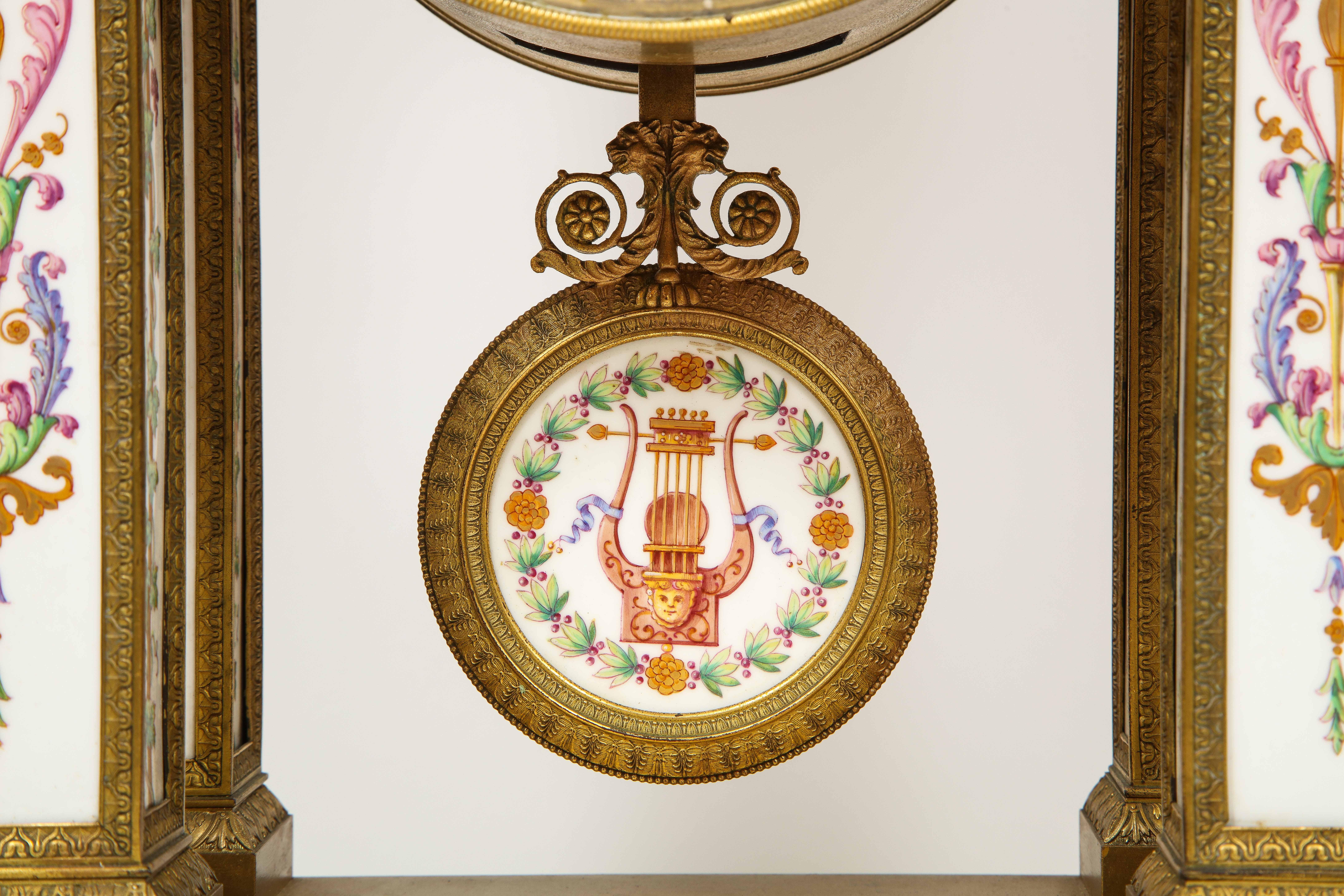 Bronze A Restauration Period Porcelain Inset Ormolu Mantel Clock, Attributed to Deniere For Sale