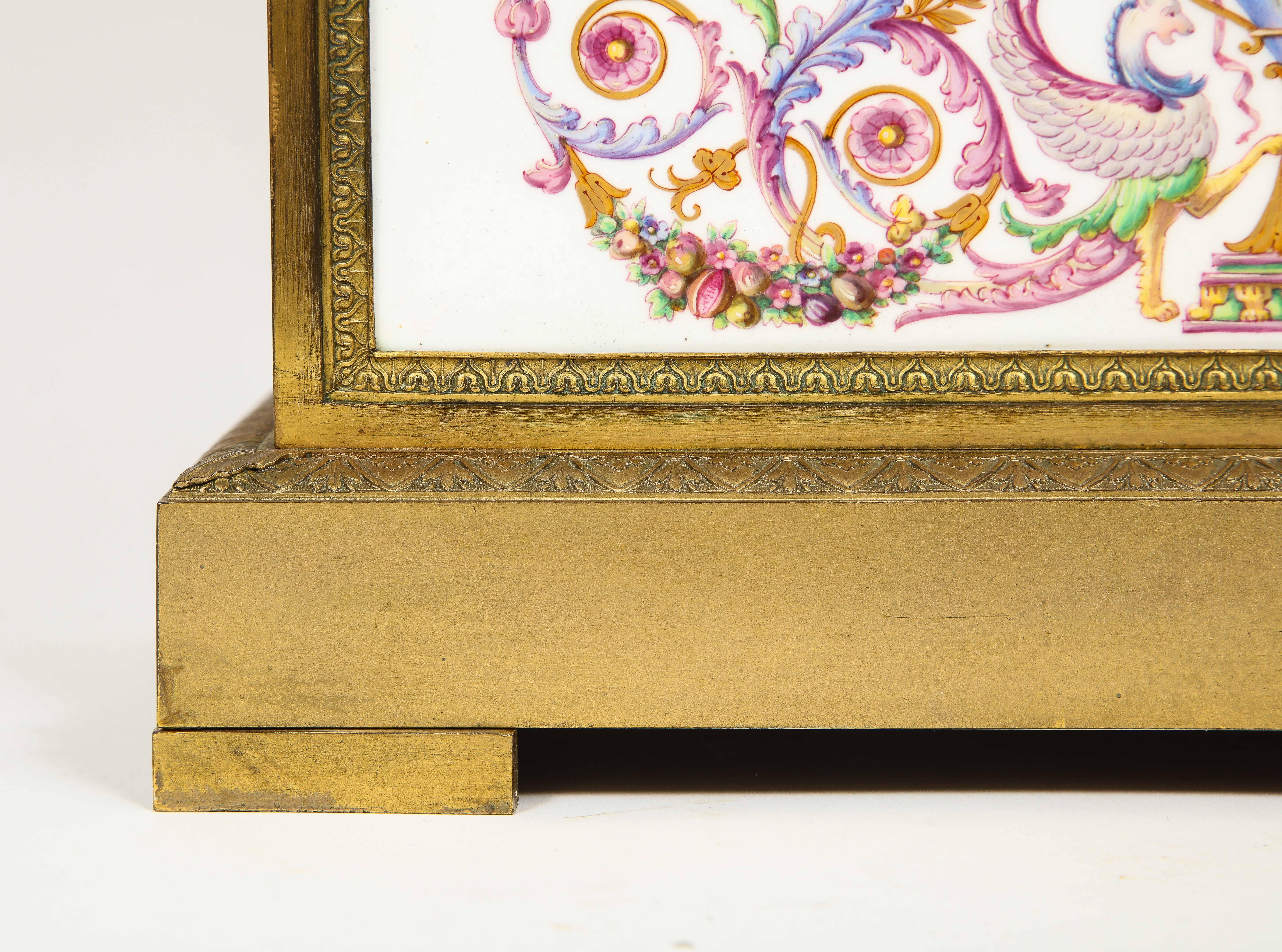 A Restauration Period Porcelain Inset Ormolu Mantel Clock, Attributed to Deniere For Sale 3