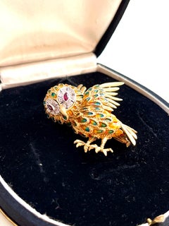 Animal Owl Yellow Gold Diamonds and Rubies Brooch