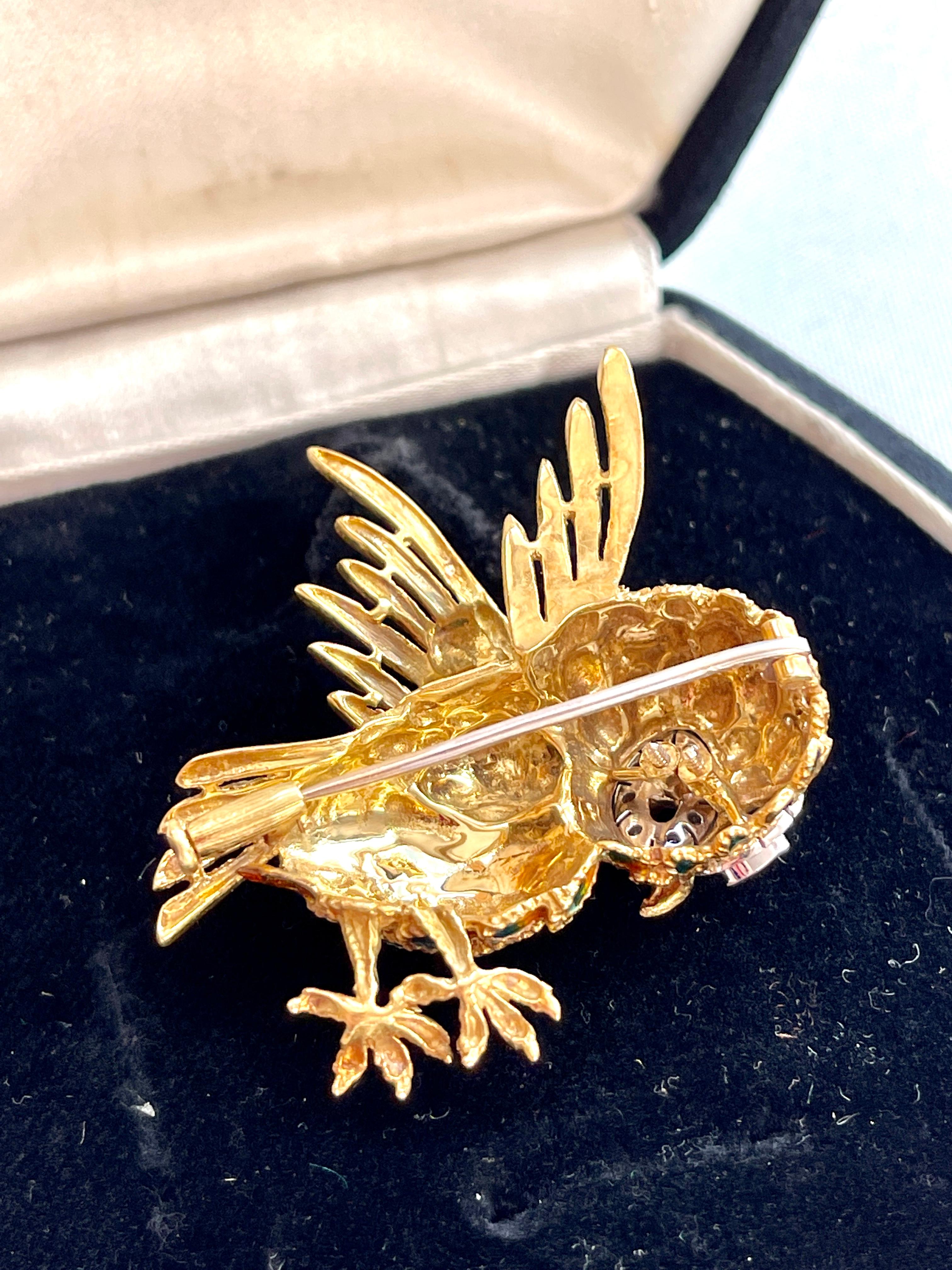 Marquise Cut Animal Owl Yellow Gold Diamonds and Rubies Brooch For Sale
