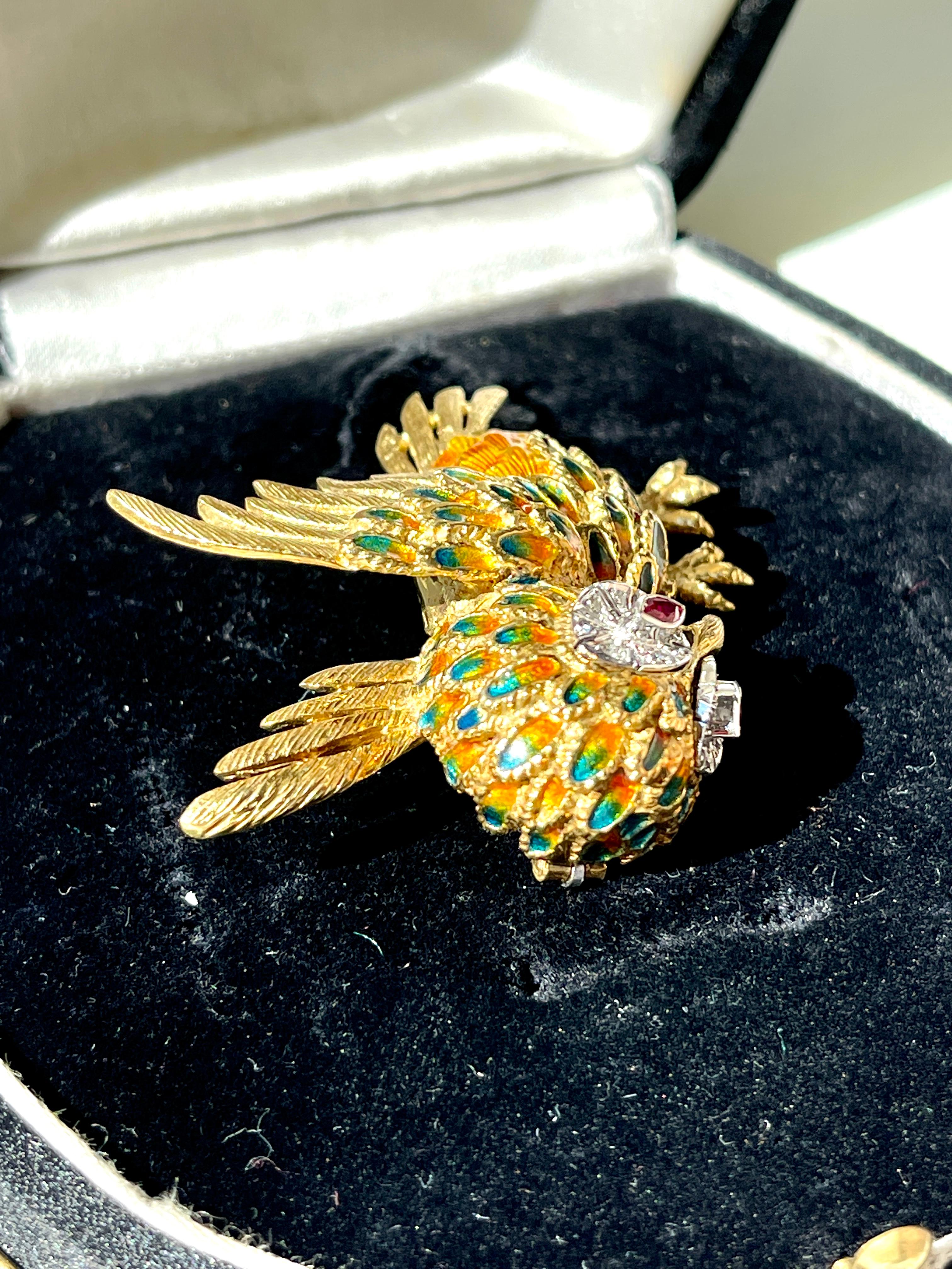 Women's or Men's Animal Owl Yellow Gold Diamonds and Rubies Brooch For Sale