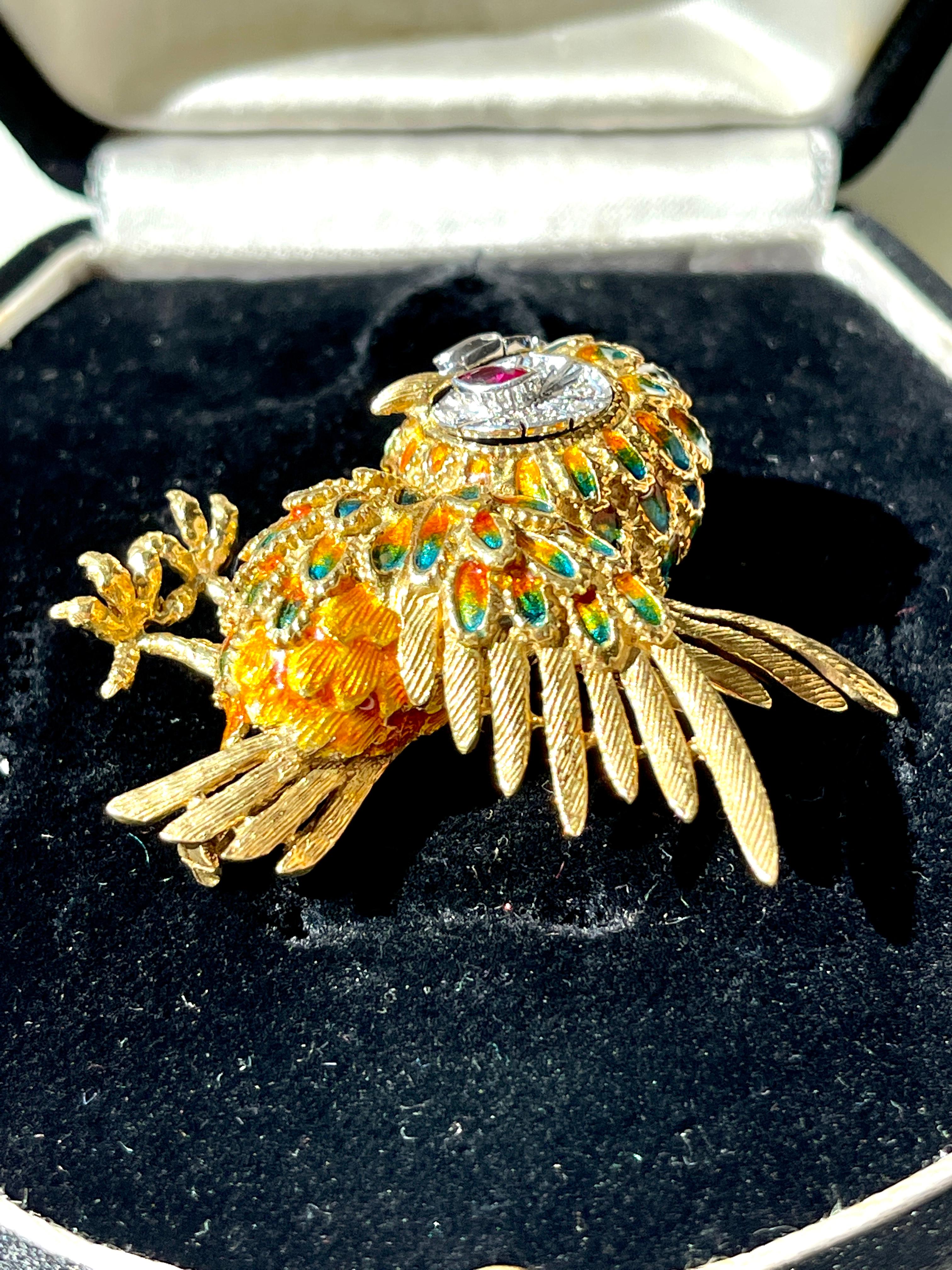 Animal Owl Yellow Gold Diamonds and Rubies Brooch For Sale 1