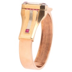 Retro Ruby and Diamond Gold Bangle Wristwatch, Circa 1940